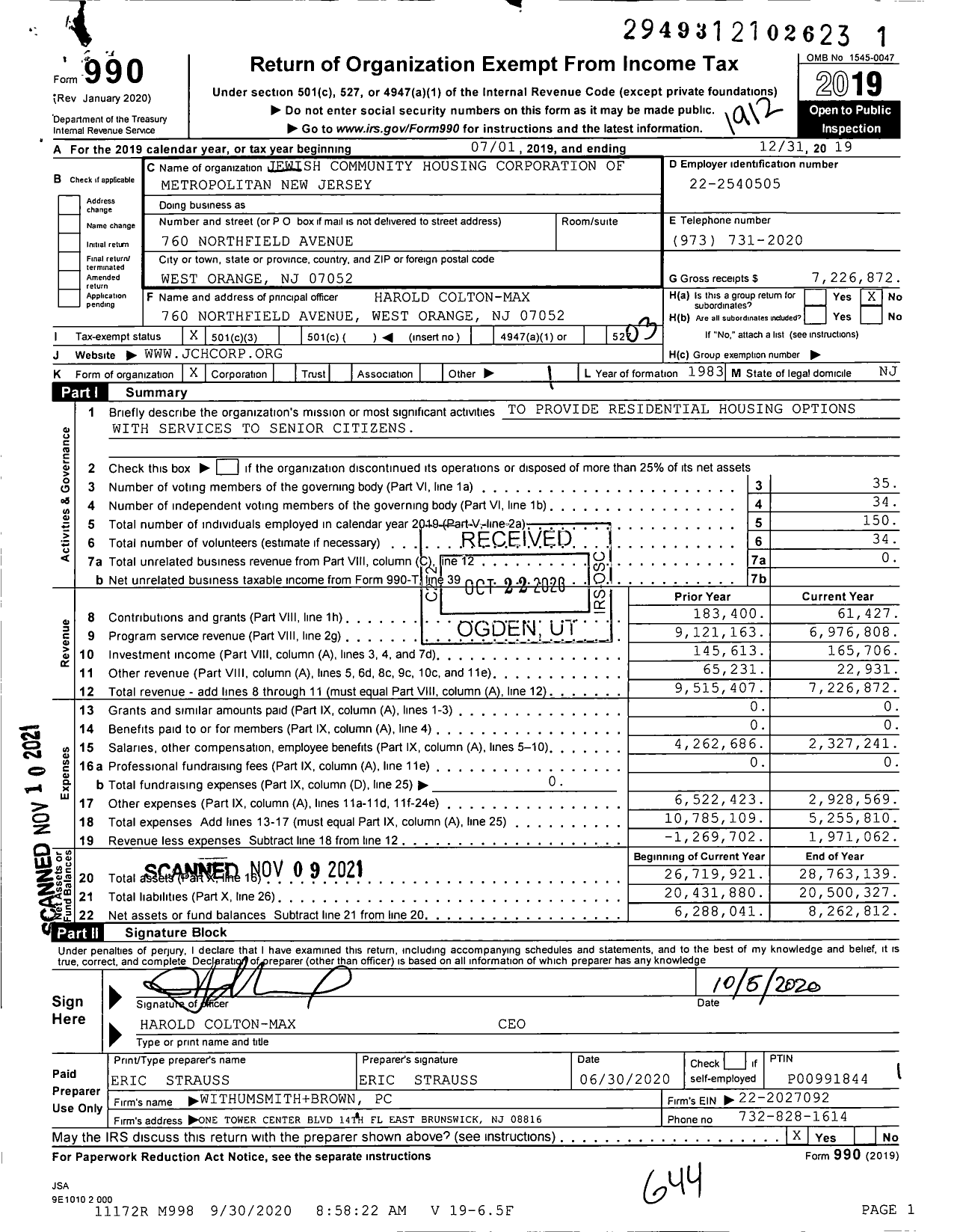 Image of first page of 2019 Form 990 for Jewish Community Housing Corporation of Metropolitan New Jersey