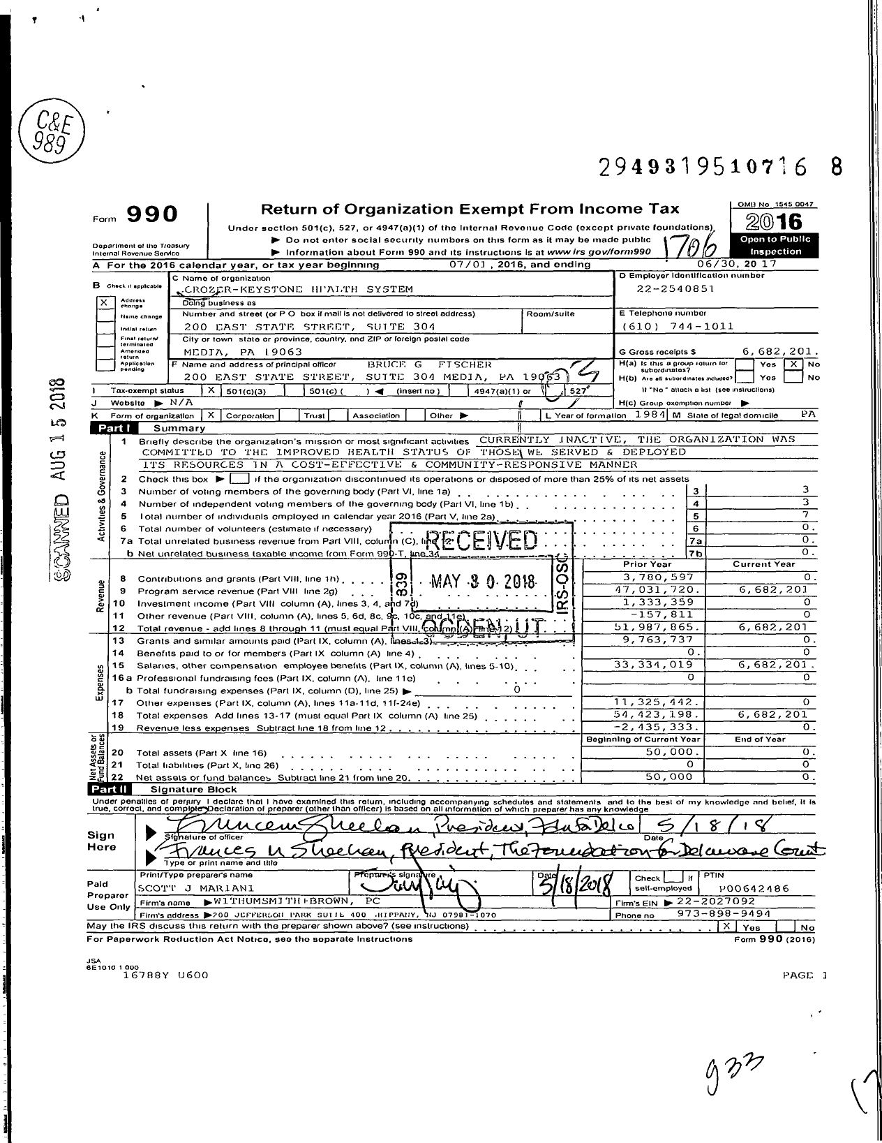 Image of first page of 2016 Form 990 for Crozer Keystone Health System