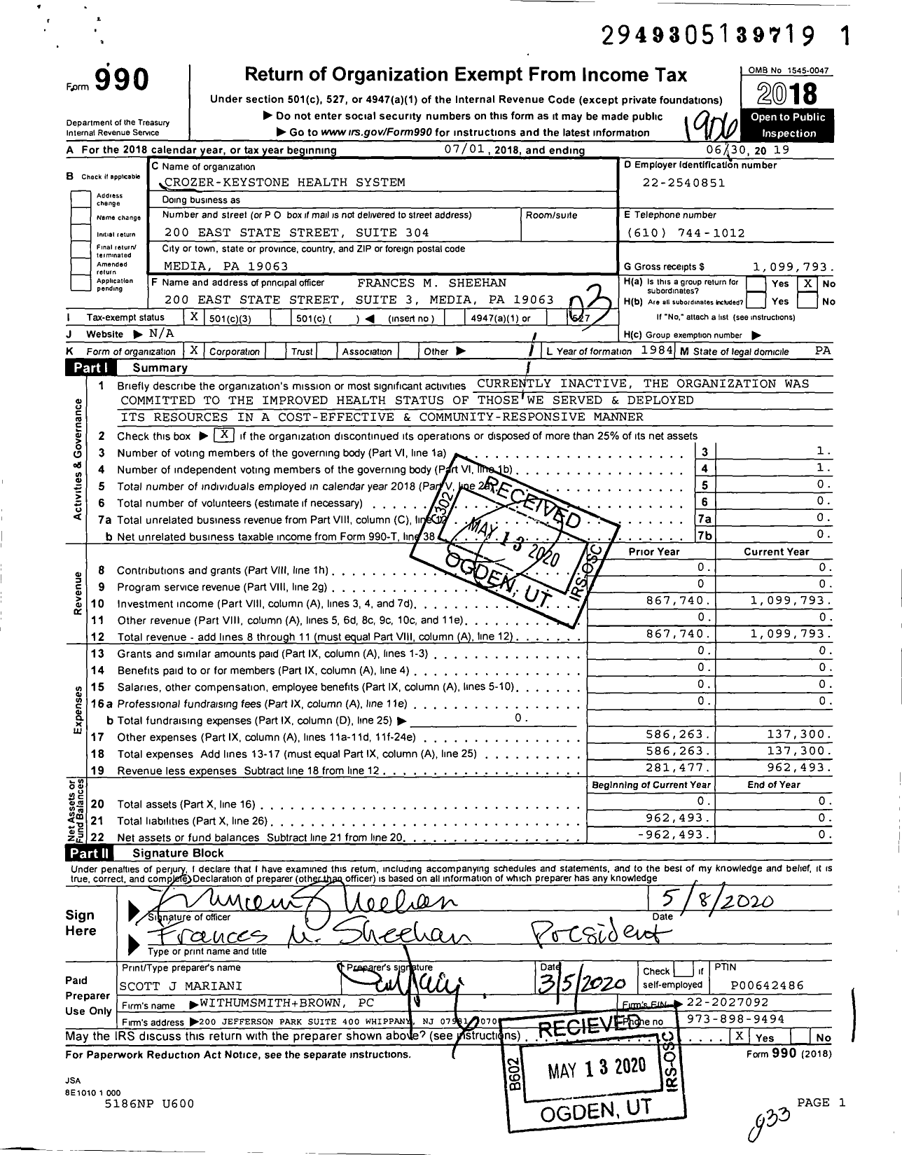 Image of first page of 2018 Form 990 for Crozer Keystone Health System