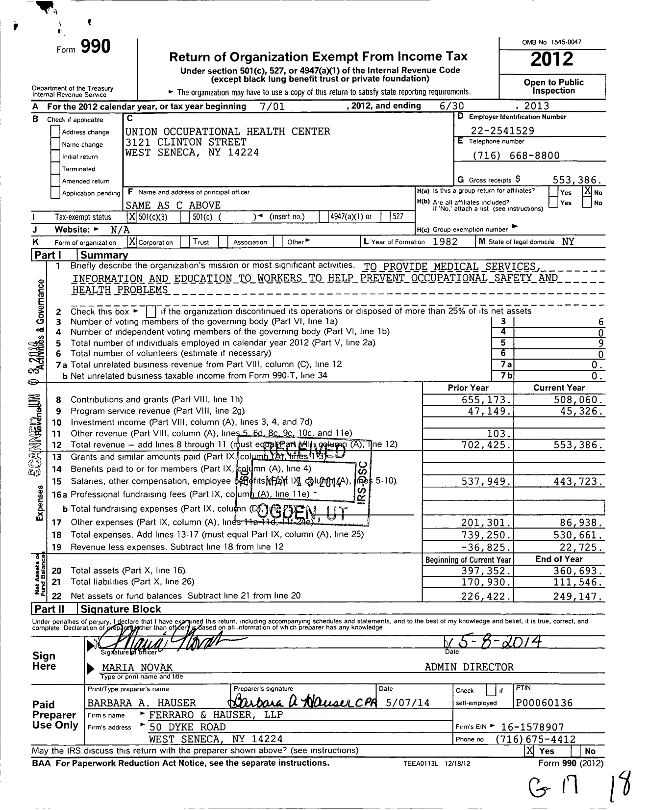 Image of first page of 2012 Form 990 for Union Occupational Health Center
