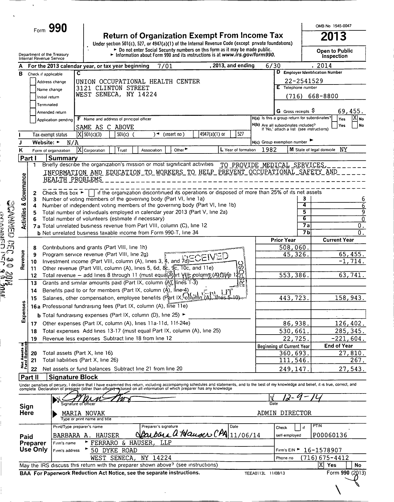 Image of first page of 2013 Form 990 for Union Occupational Health Center
