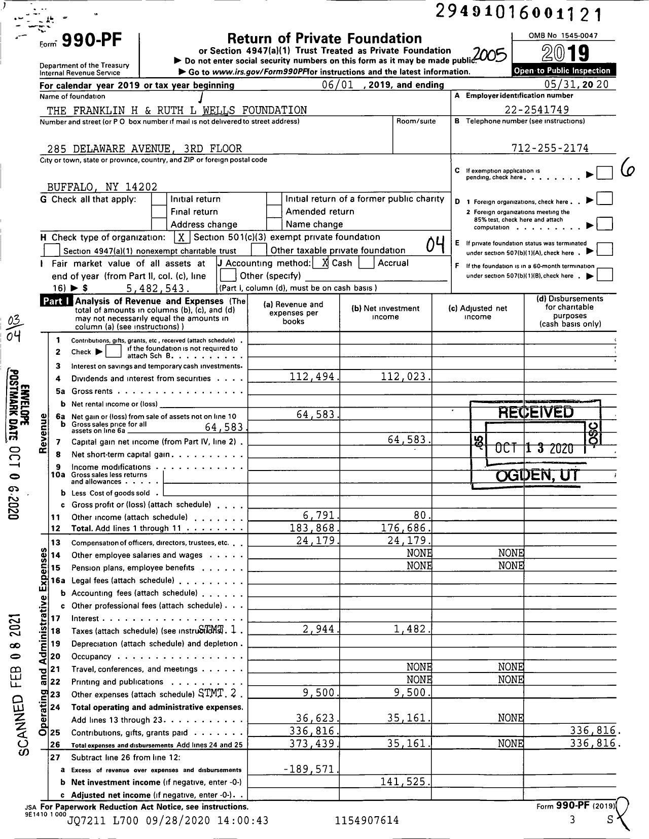 Image of first page of 2019 Form 990PF for Franklin H and Ruth L Wells Foundation