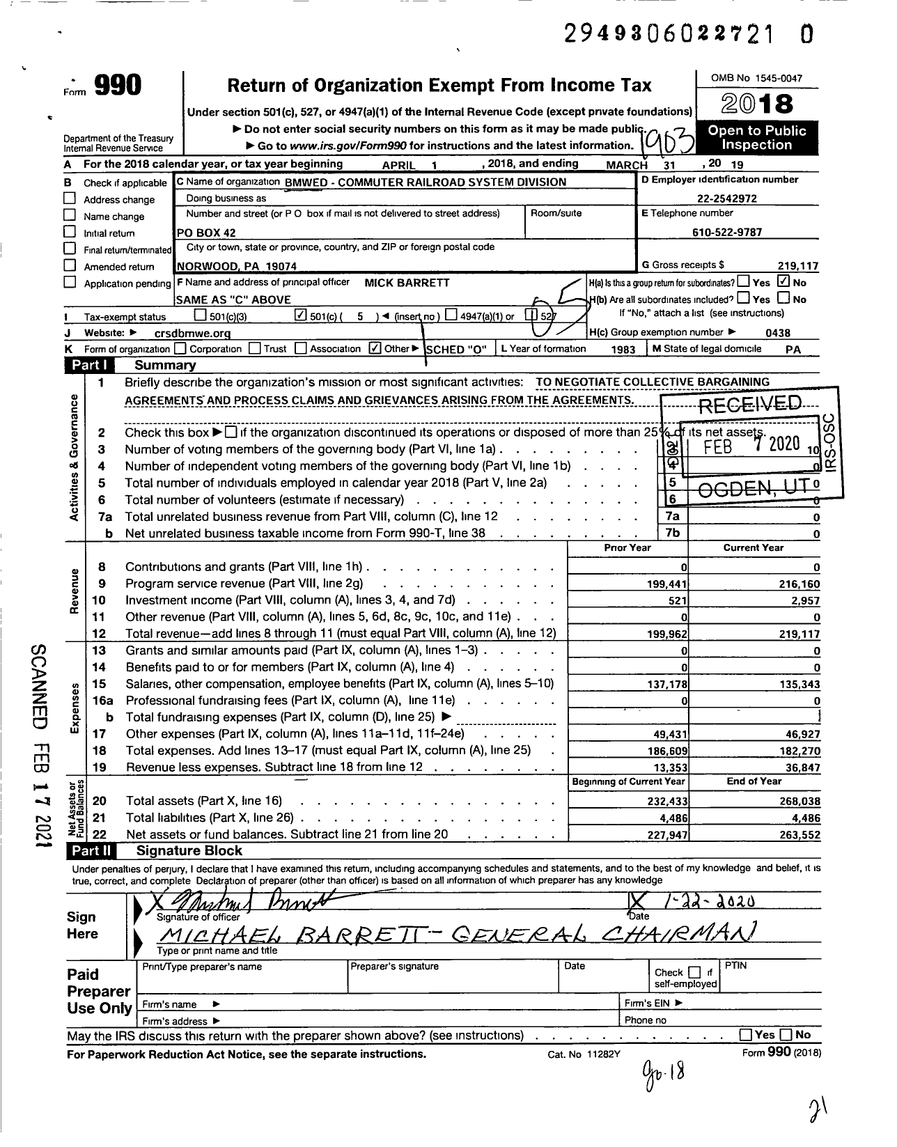 Image of first page of 2018 Form 990O for Brotherhood of Maintenance of Way Employes - Commuter Railroad Systems Division