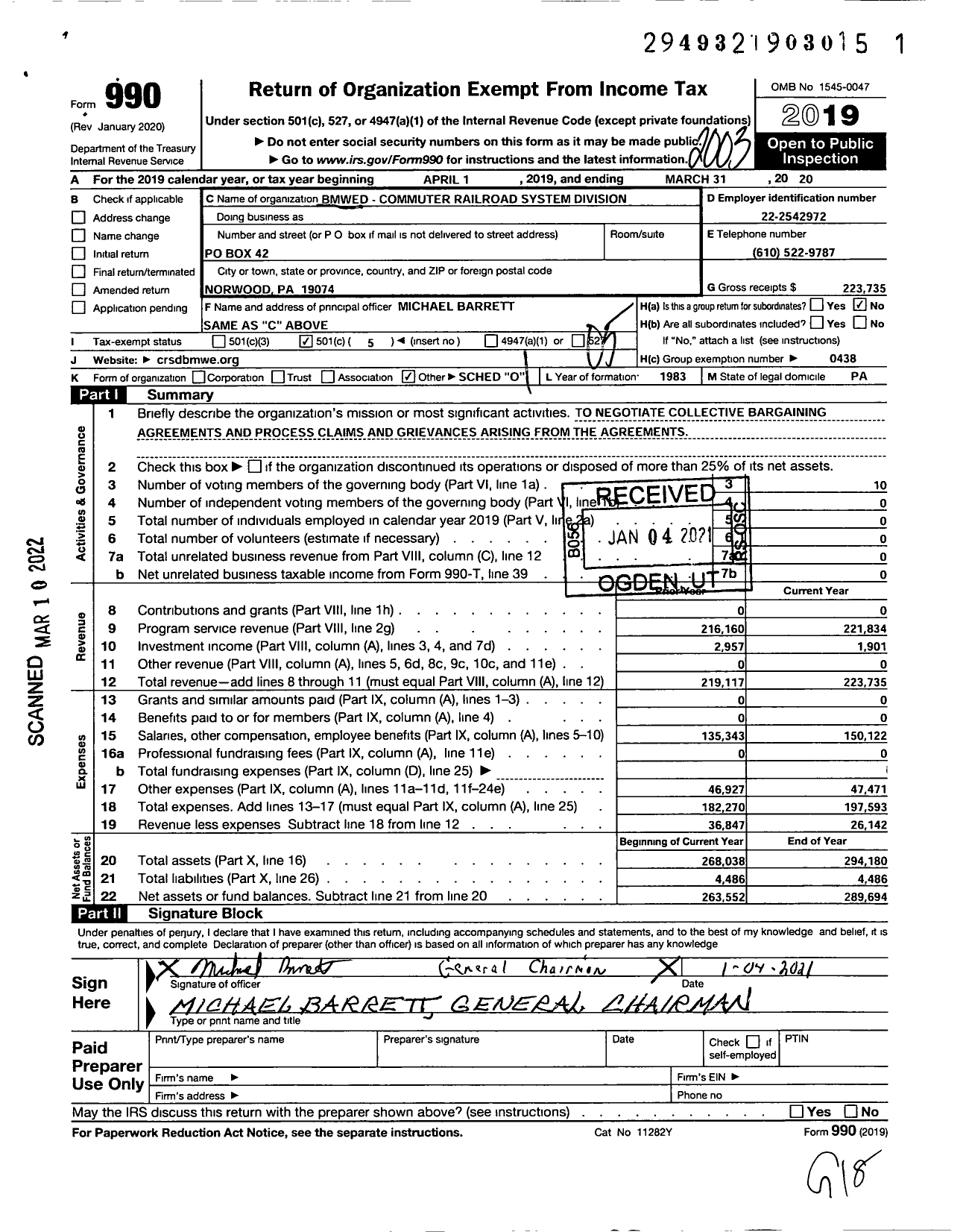 Image of first page of 2019 Form 990O for Brotherhood of Maintenance of Way Employes - Commuter Railroad Systems Division