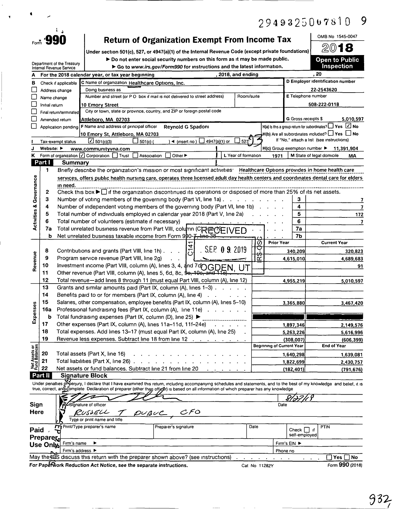 Image of first page of 2018 Form 990 for Healthcare Options