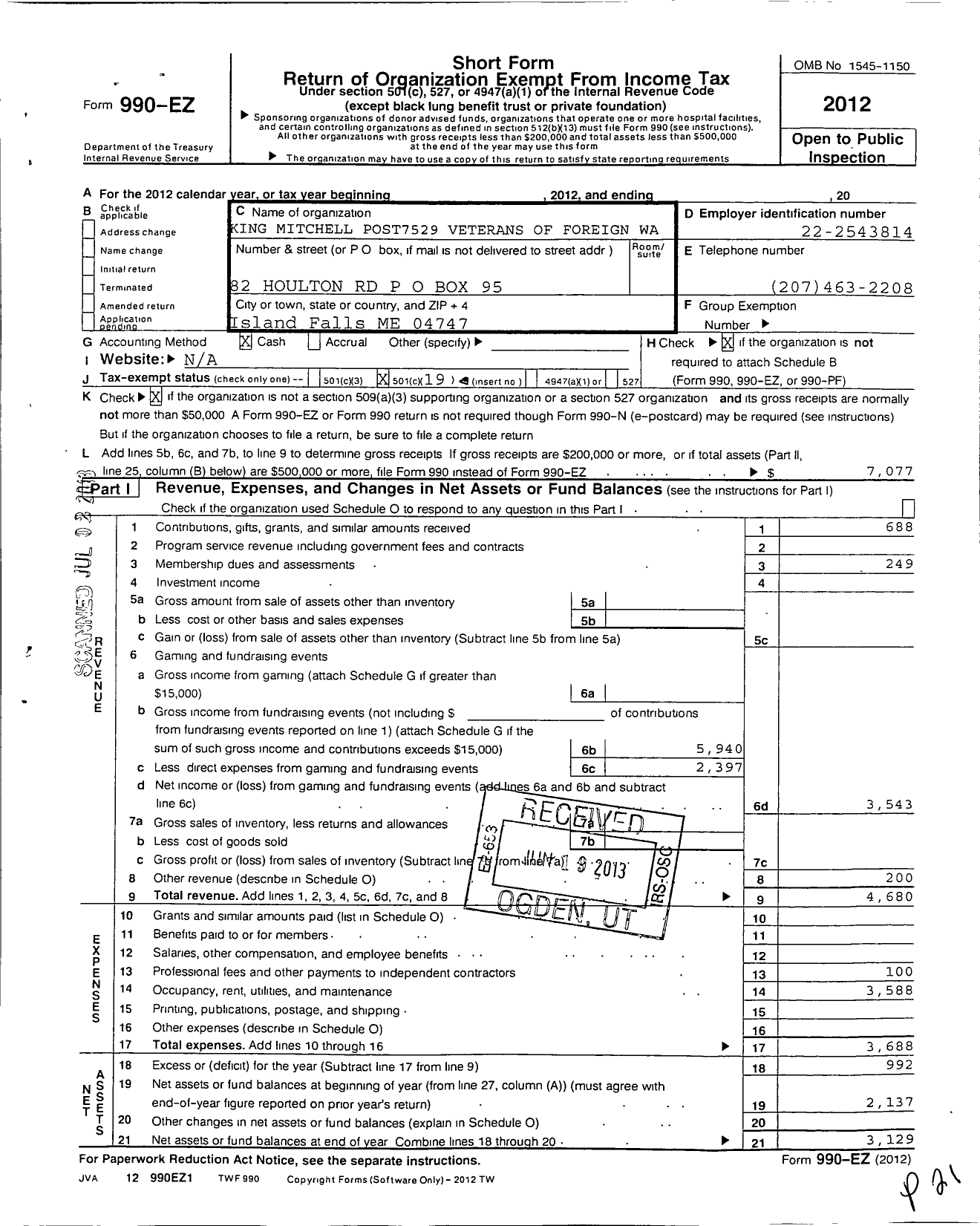 Image of first page of 2012 Form 990EO for King-Mitchell Post 7529 Veterans of Foreign Wars of the United States