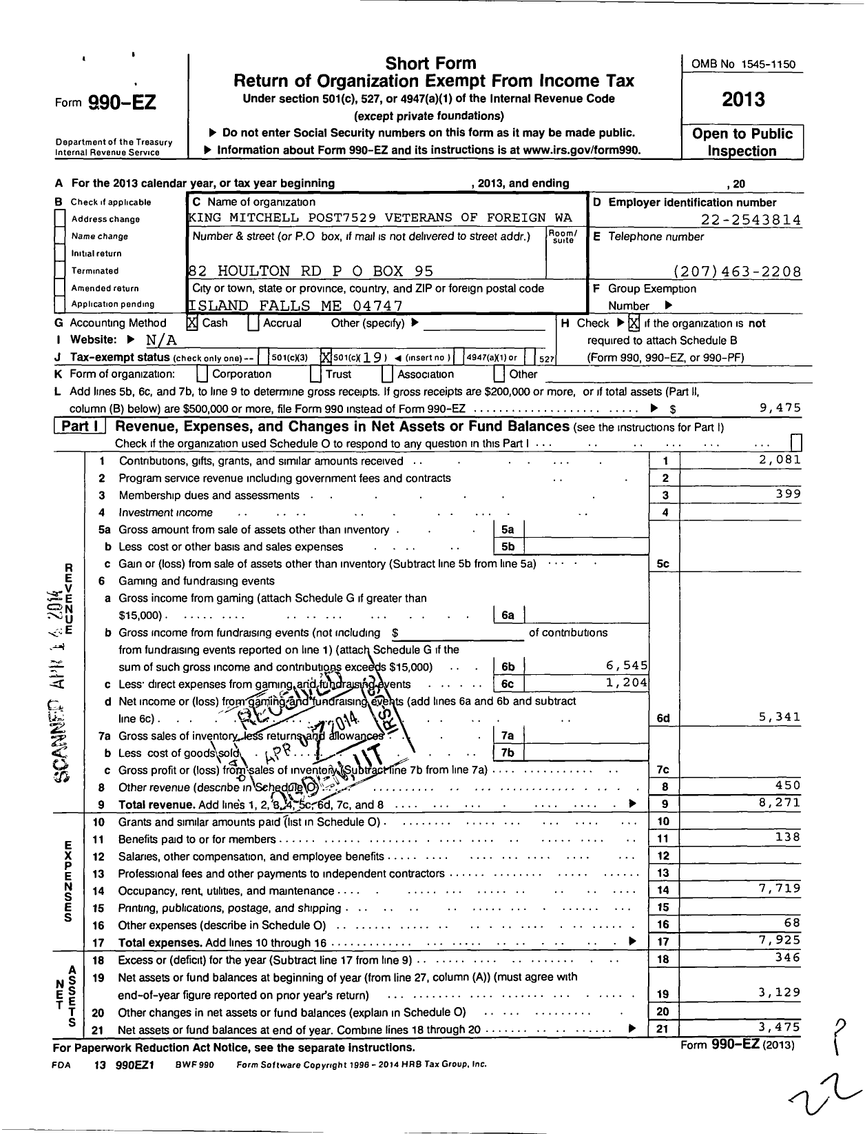 Image of first page of 2013 Form 990EO for King-Mitchell Post 7529 Veterans of Foreign Wars of the United States