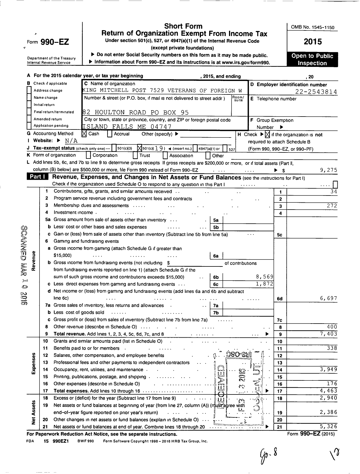 Image of first page of 2015 Form 990EO for King-Mitchell Post 7529 Veterans of Foreign Wars of the United States