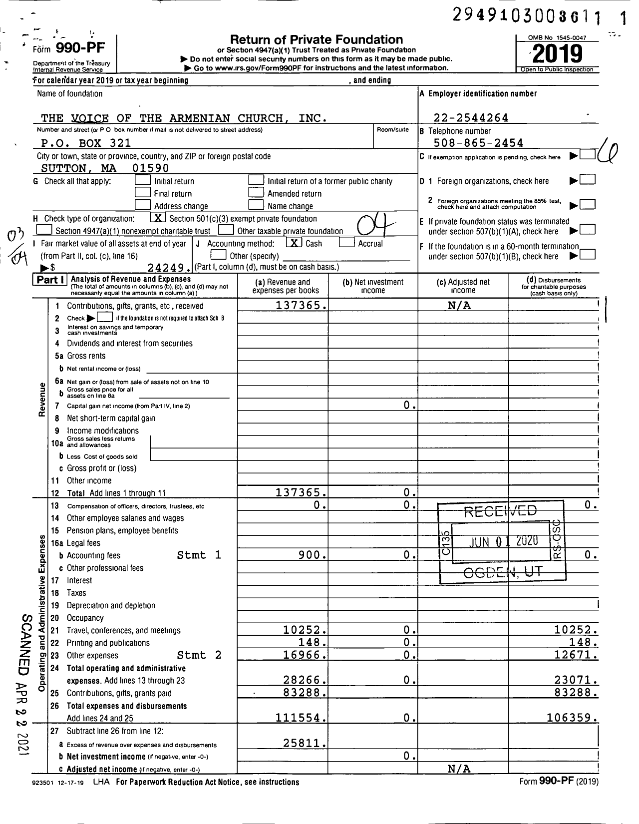 Image of first page of 2019 Form 990PF for The Voice of the Armenian Church