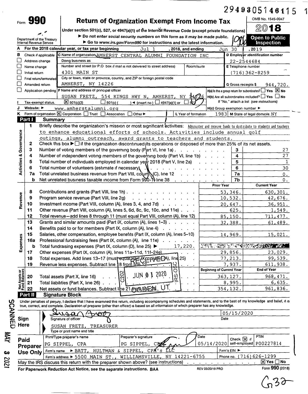 Image of first page of 2018 Form 990 for Amherst Central Alumni Foundation