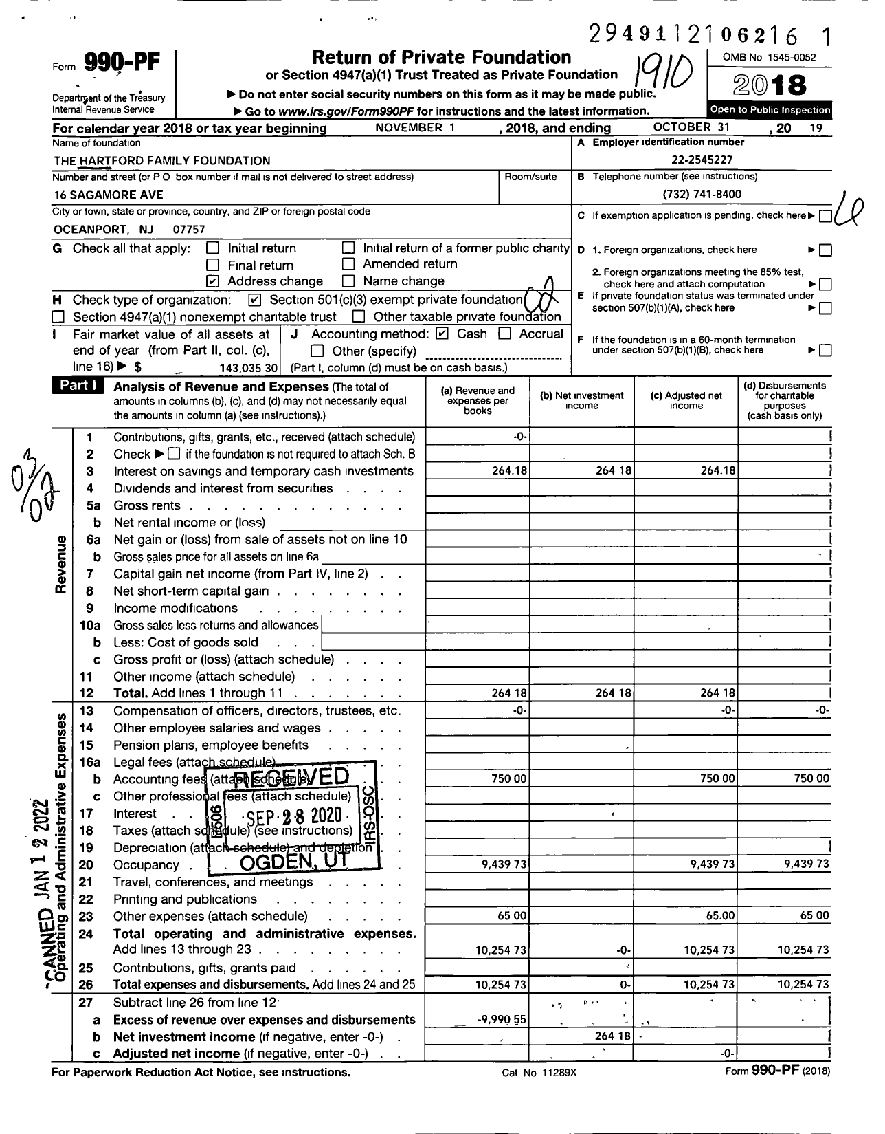 Image of first page of 2018 Form 990PF for The Hartford Family Foundation