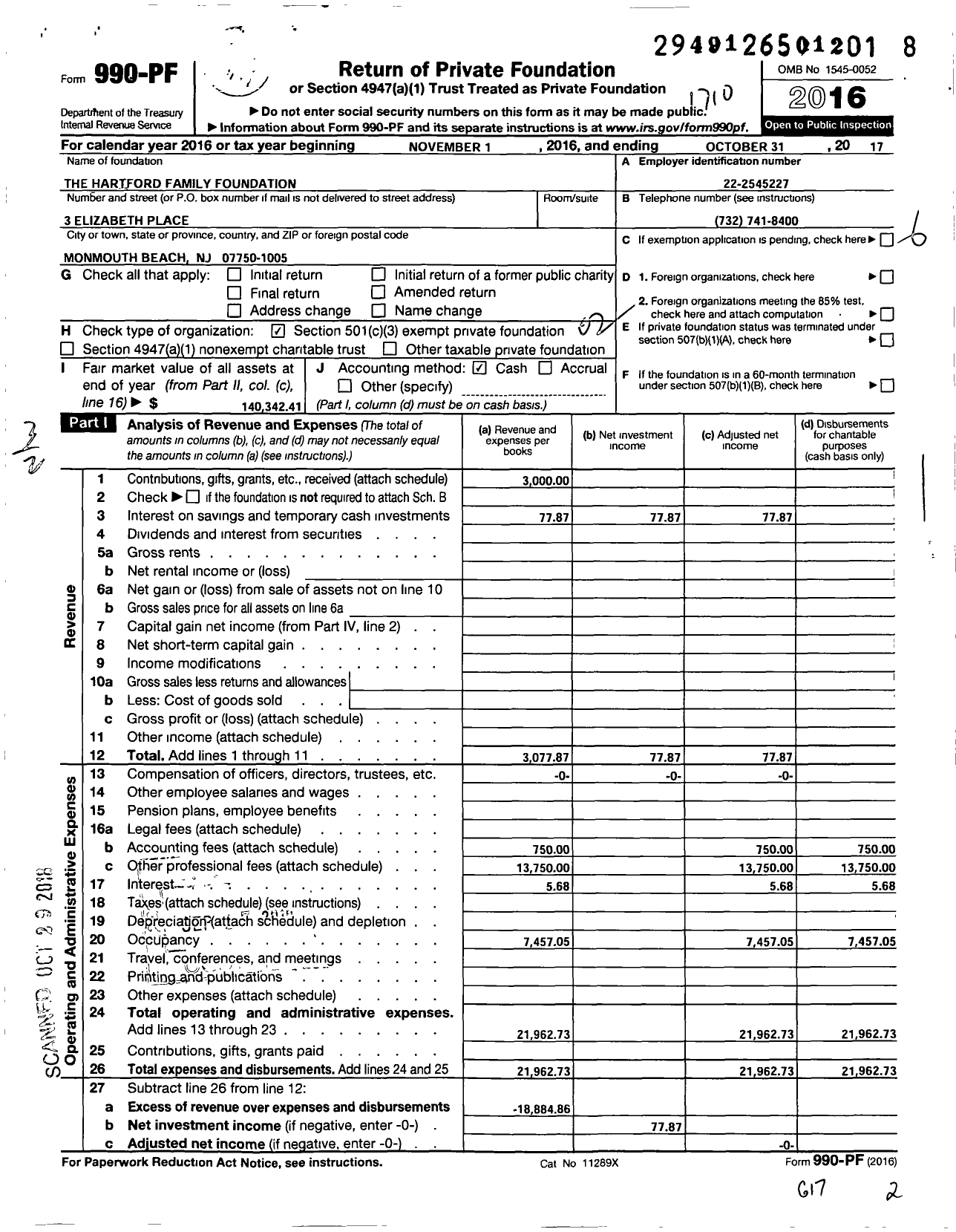 Image of first page of 2016 Form 990PF for The Hartford Family Foundation