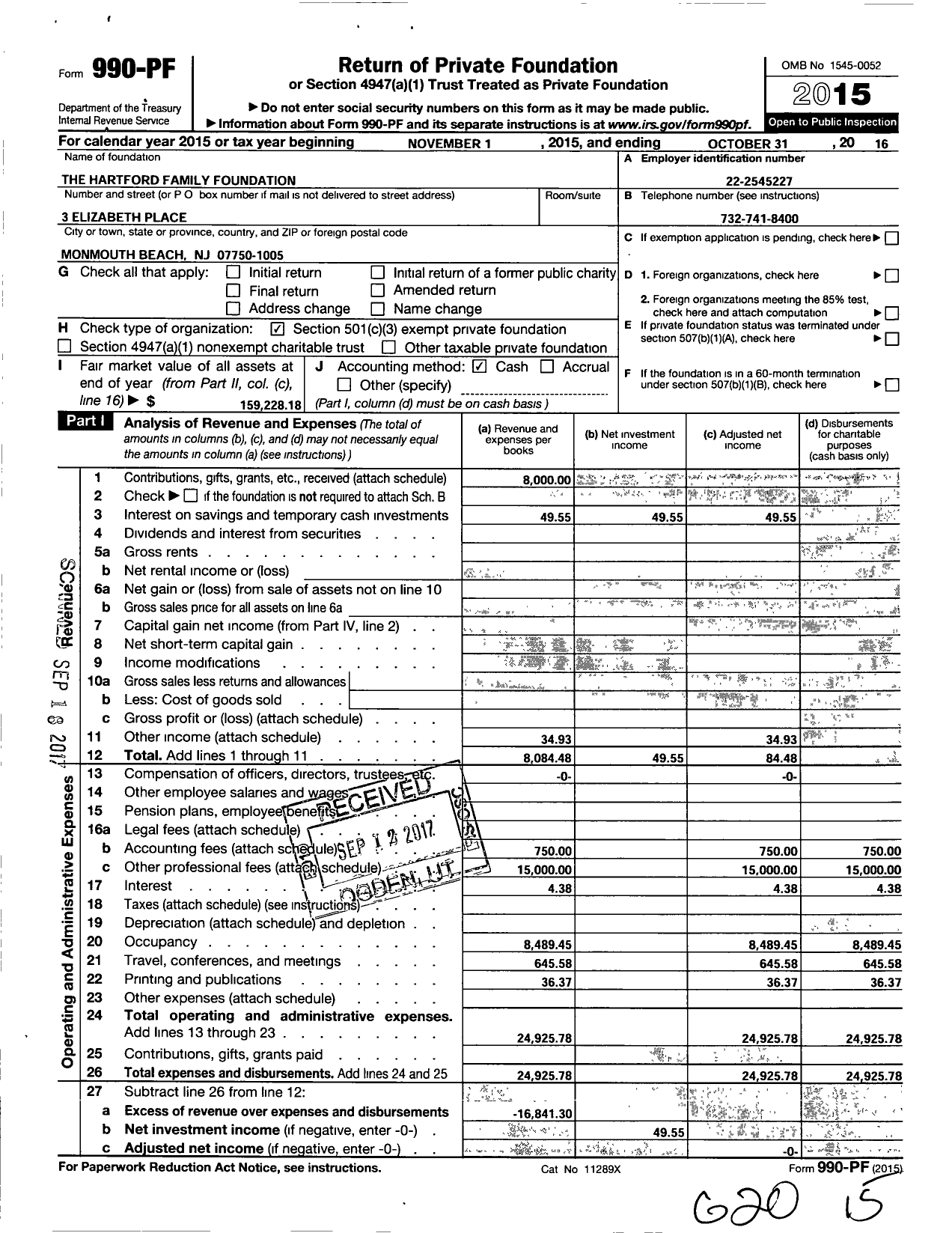 Image of first page of 2015 Form 990PF for The Hartford Family Foundation