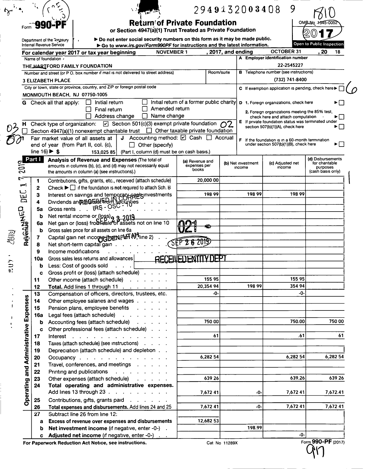 Image of first page of 2017 Form 990PF for The Hartford Family Foundation