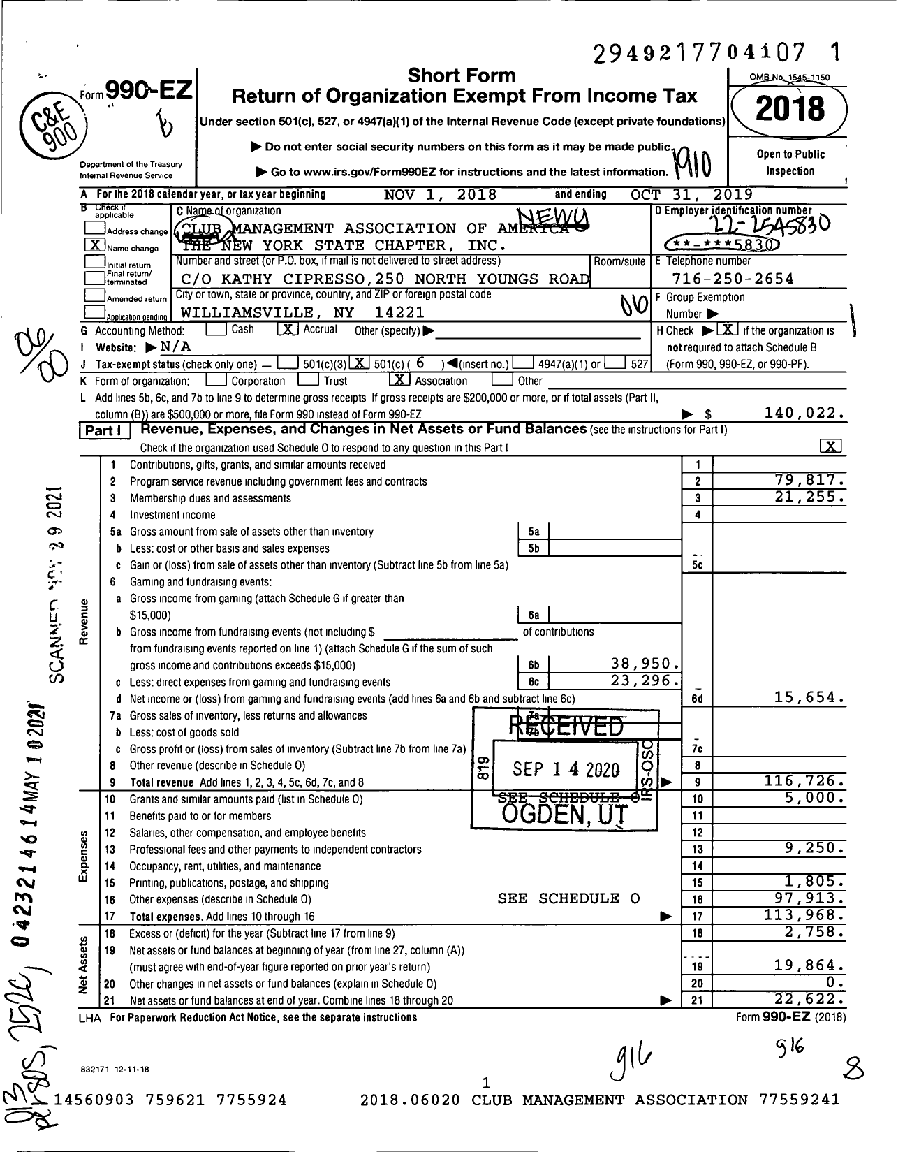 Image of first page of 2018 Form 990EO for Club Management Association of America - The New York State Chapter