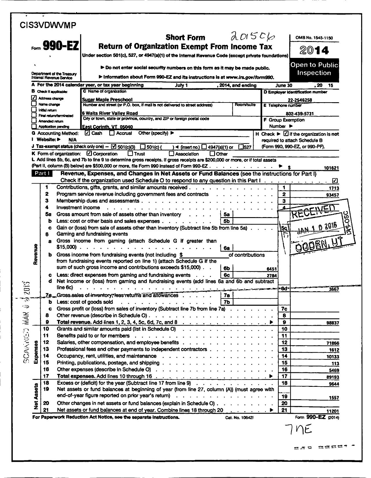 Image of first page of 2014 Form 990EZ for Sugar Maple Preschool