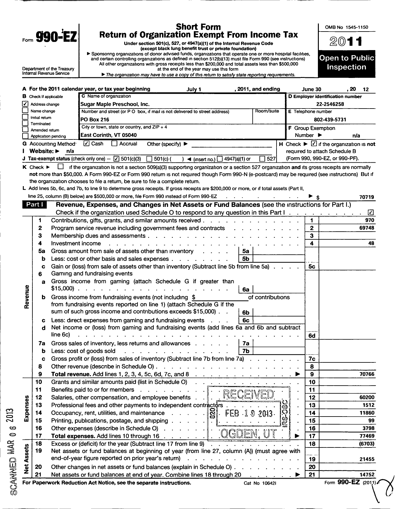 Image of first page of 2011 Form 990EZ for Sugar Maple Preschool