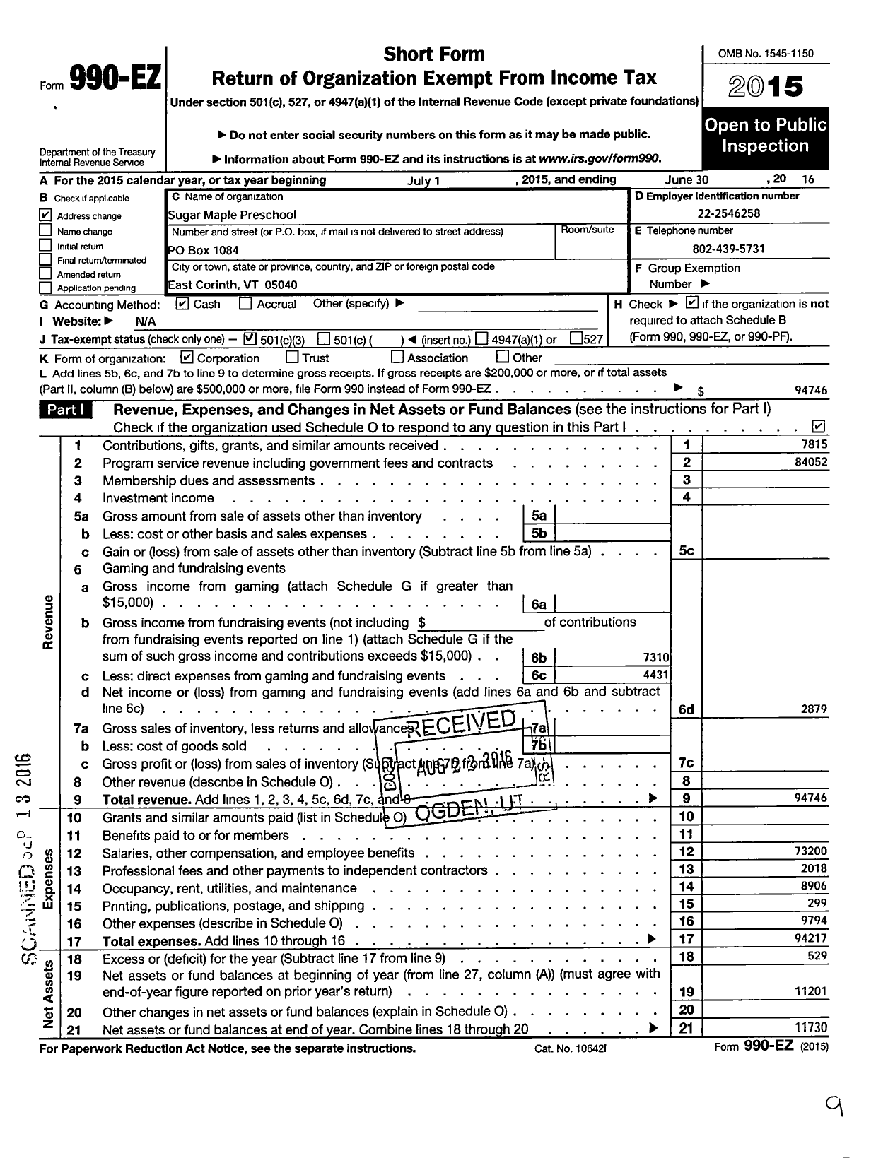 Image of first page of 2015 Form 990EZ for Sugar Maple Preschool