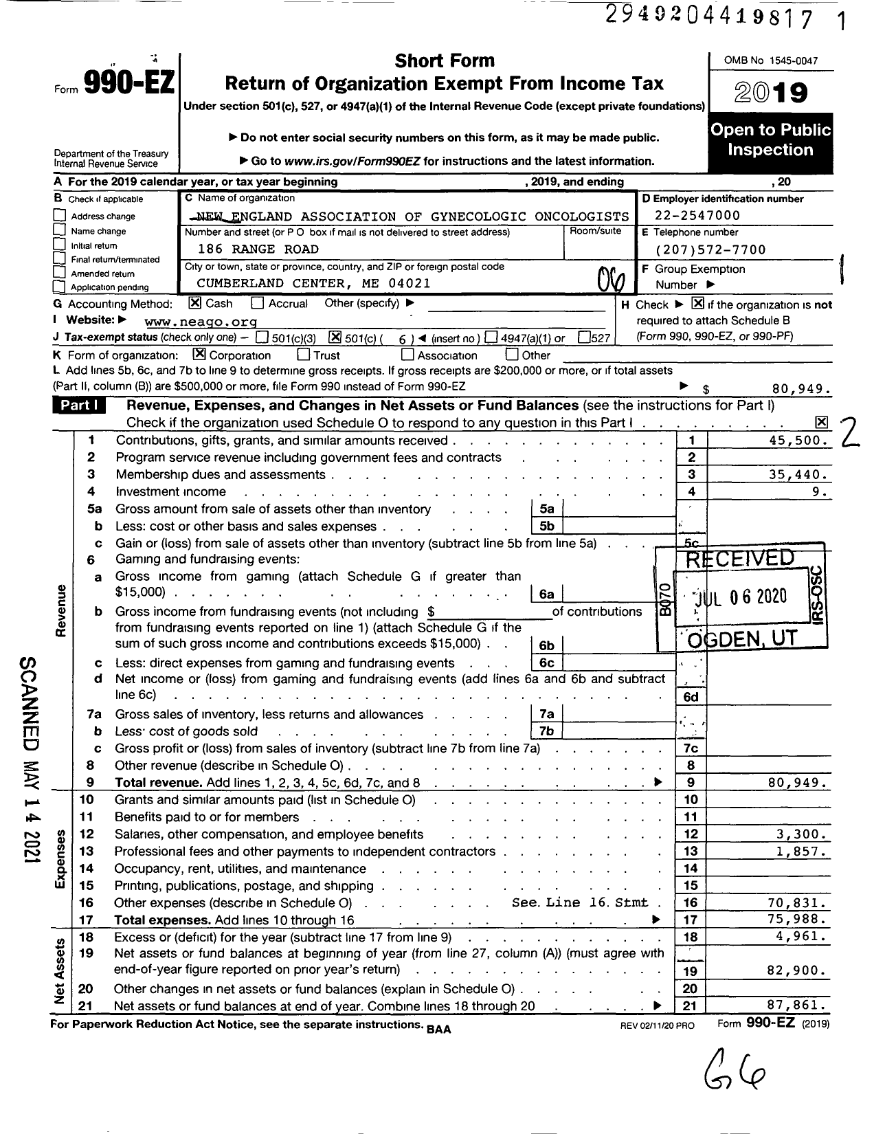 Image of first page of 2019 Form 990EO for New England Association of Gynecologic Oncologists