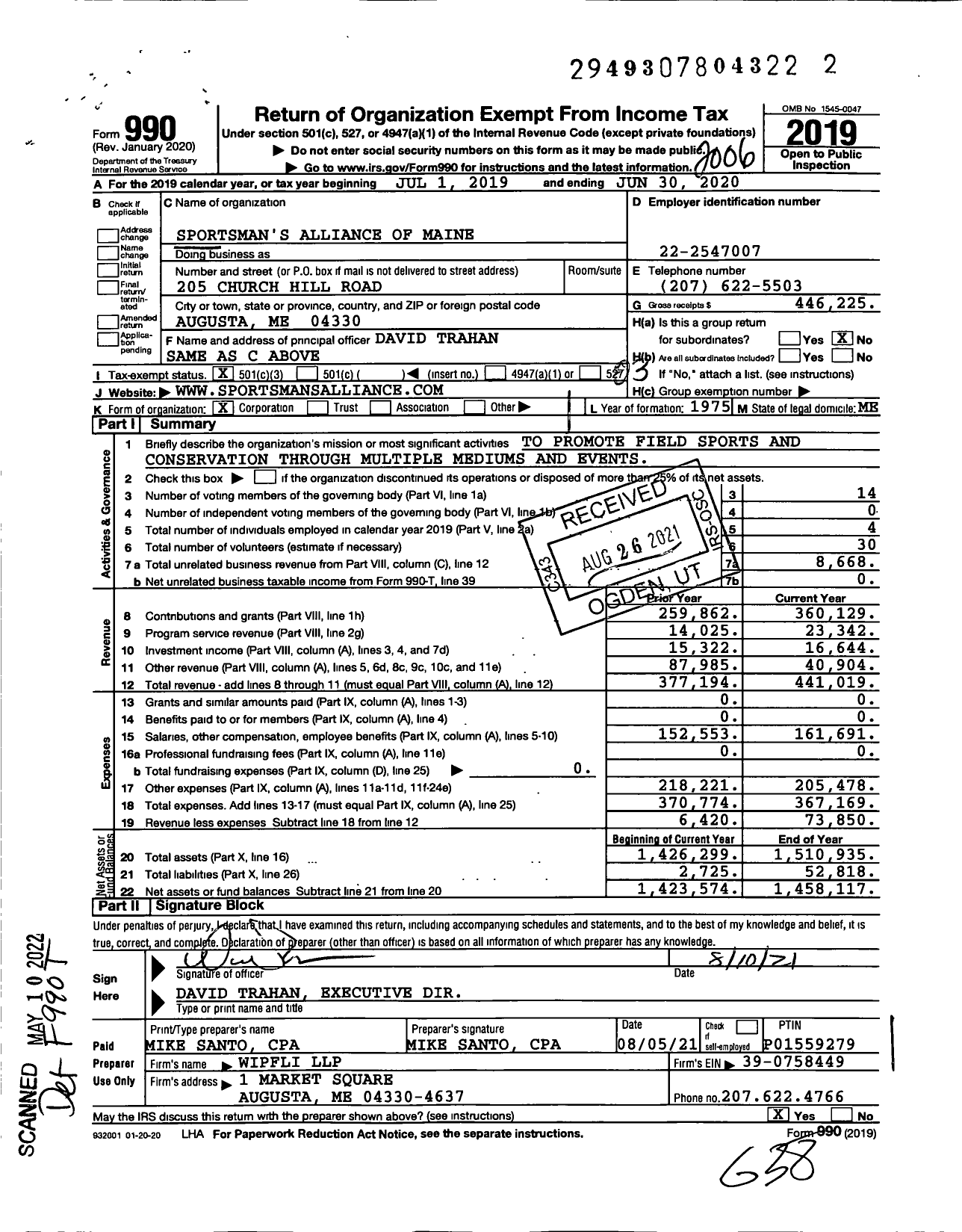 Image of first page of 2019 Form 990 for Sportsman's Alliance of Maine