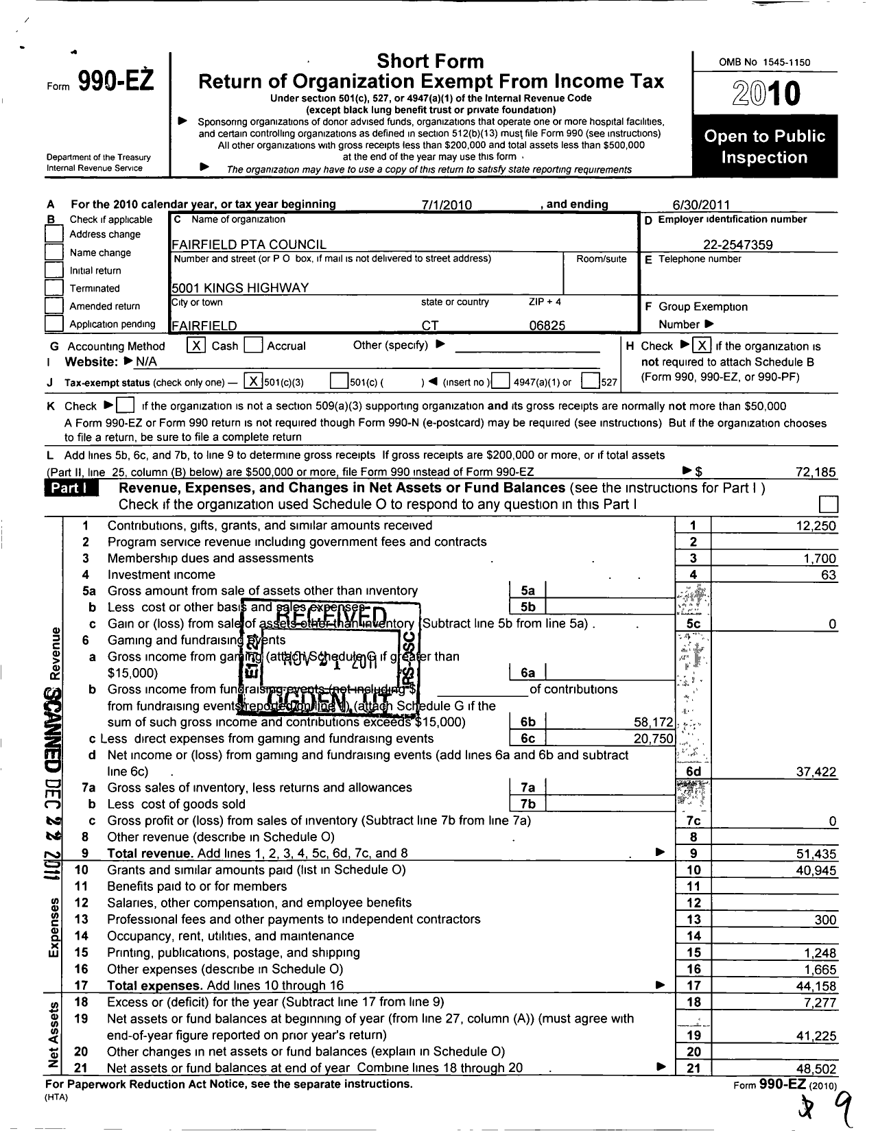 Image of first page of 2010 Form 990EZ for CT PTA - Fairfield PTA Council