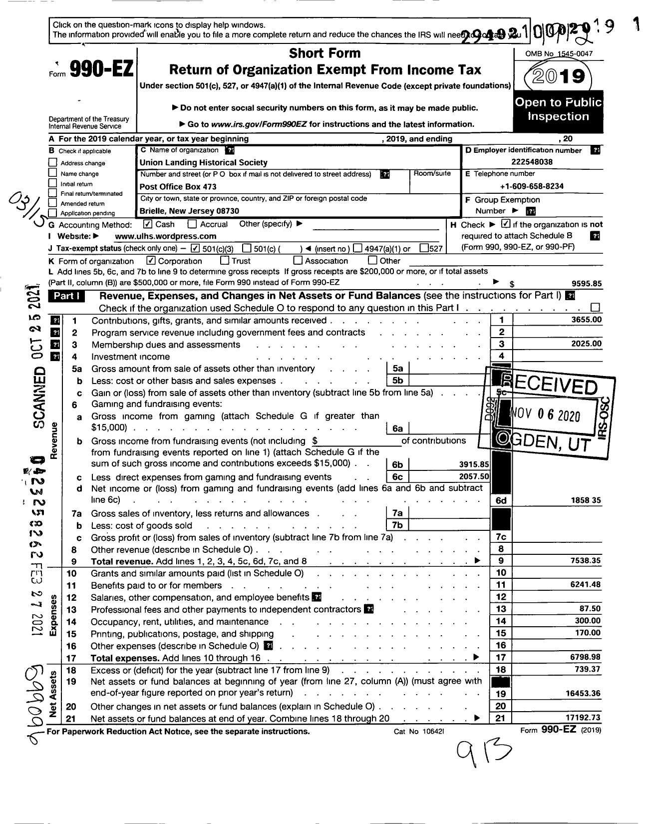 Image of first page of 2019 Form 990EZ for Union Landing Historical Society