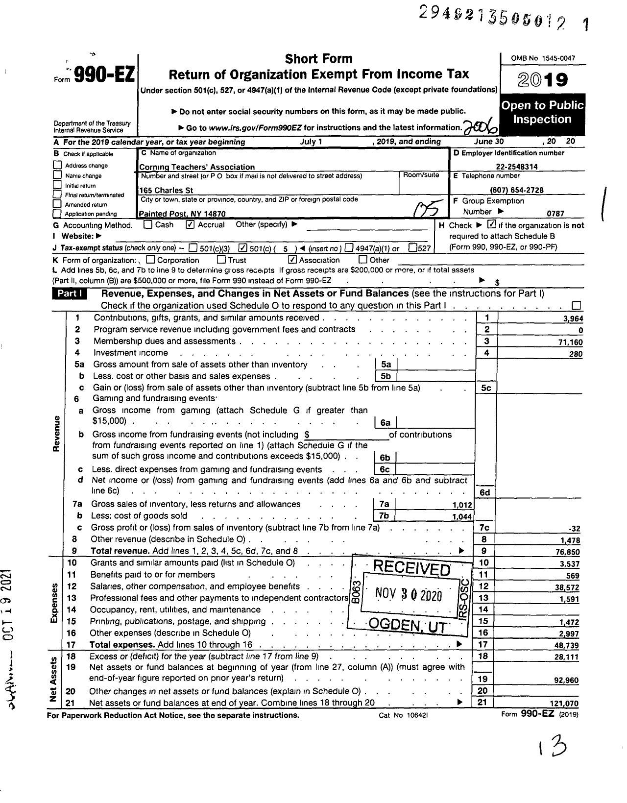Image of first page of 2019 Form 990EO for American Federation of Teachers - 2589 Corning Teachers Association