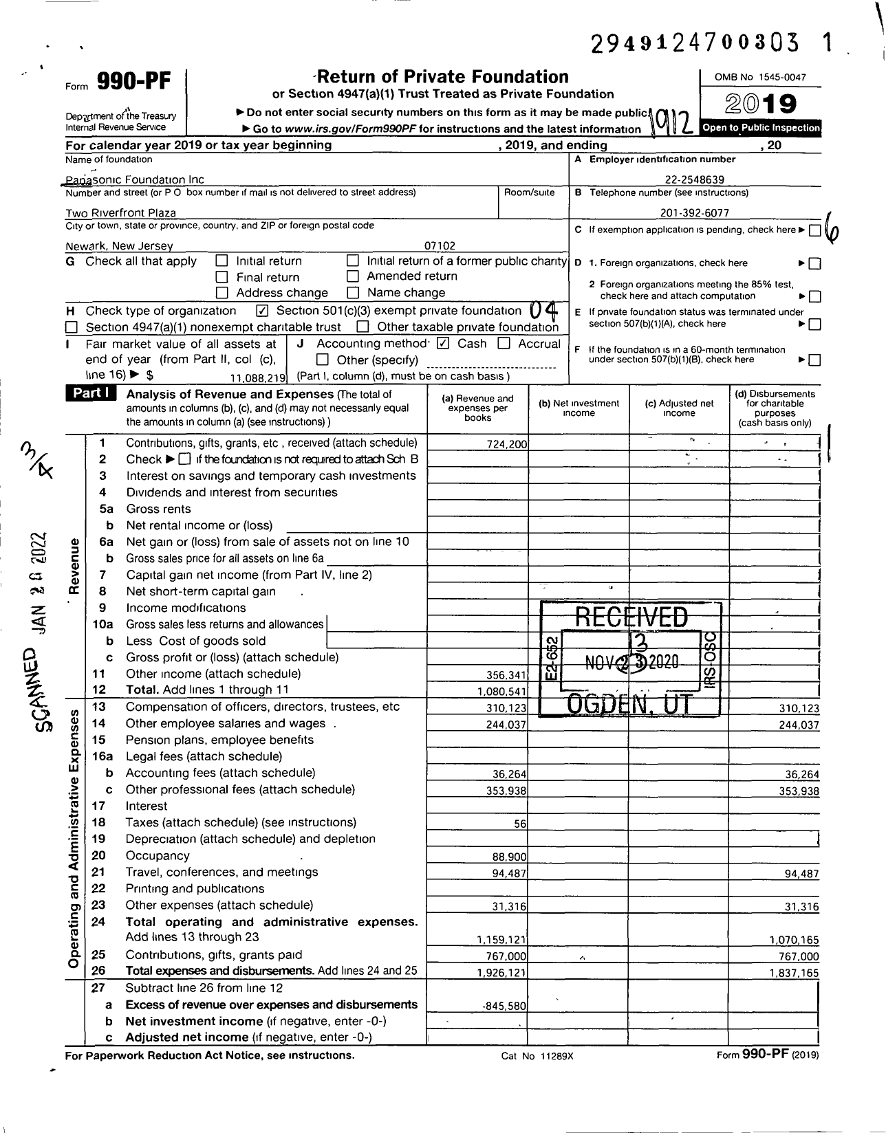 Image of first page of 2019 Form 990PF for Panasonic Foundation