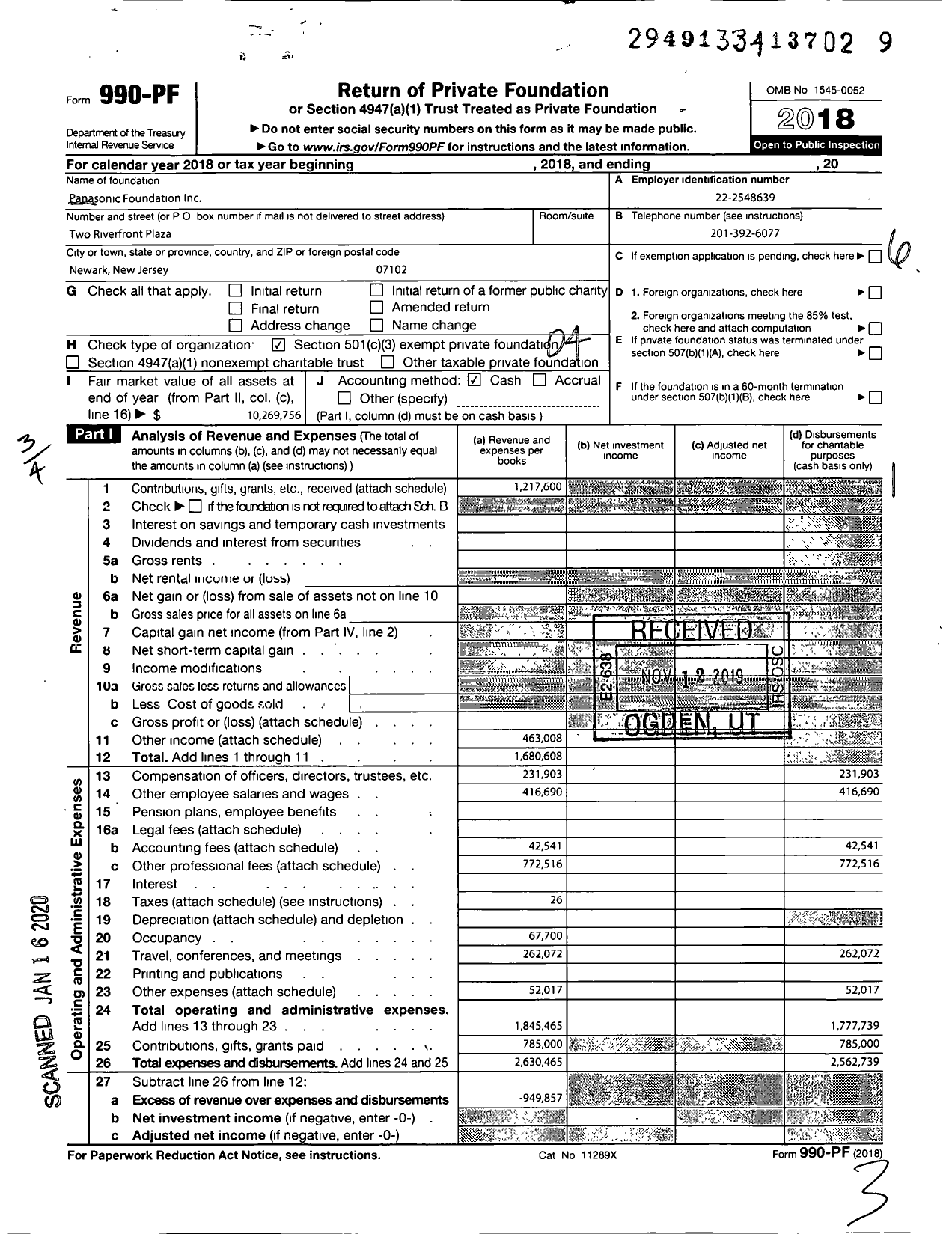 Image of first page of 2018 Form 990PF for Panasonic Foundation