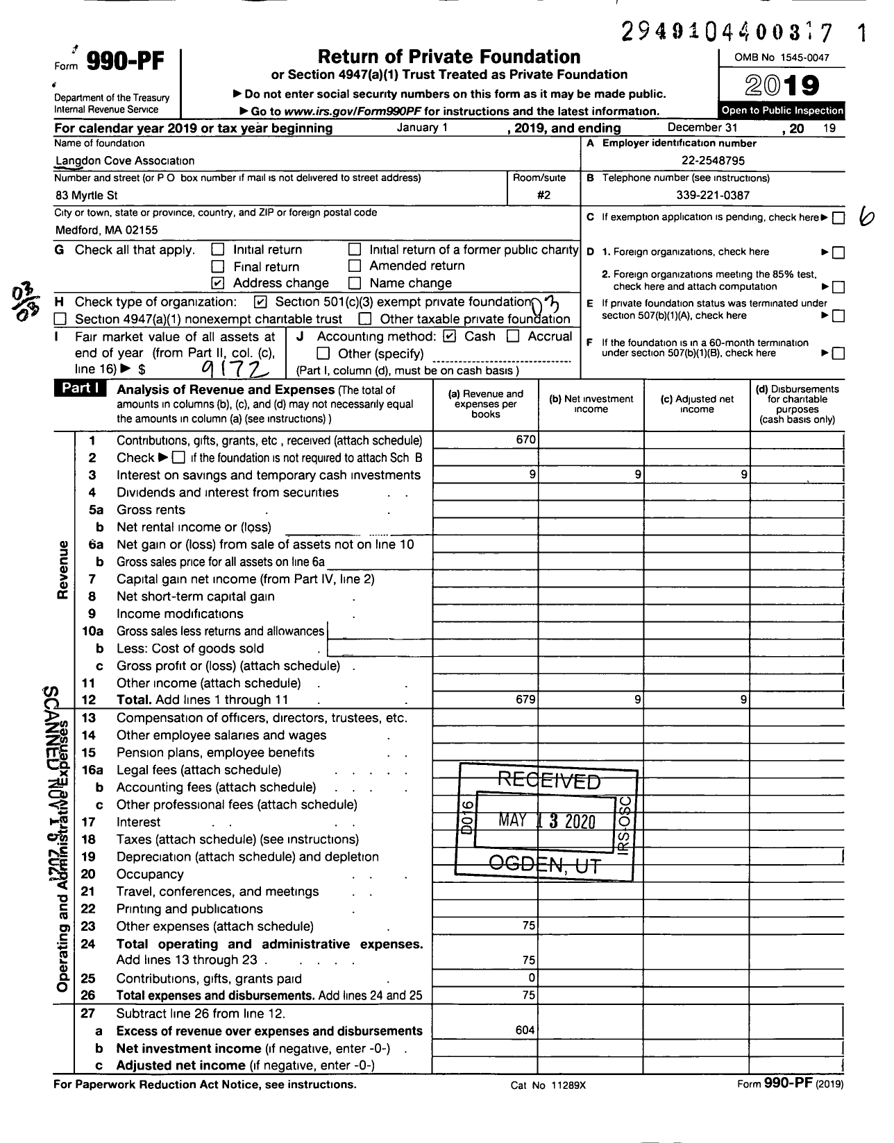 Image of first page of 2019 Form 990PF for Langdon Cove Foundation