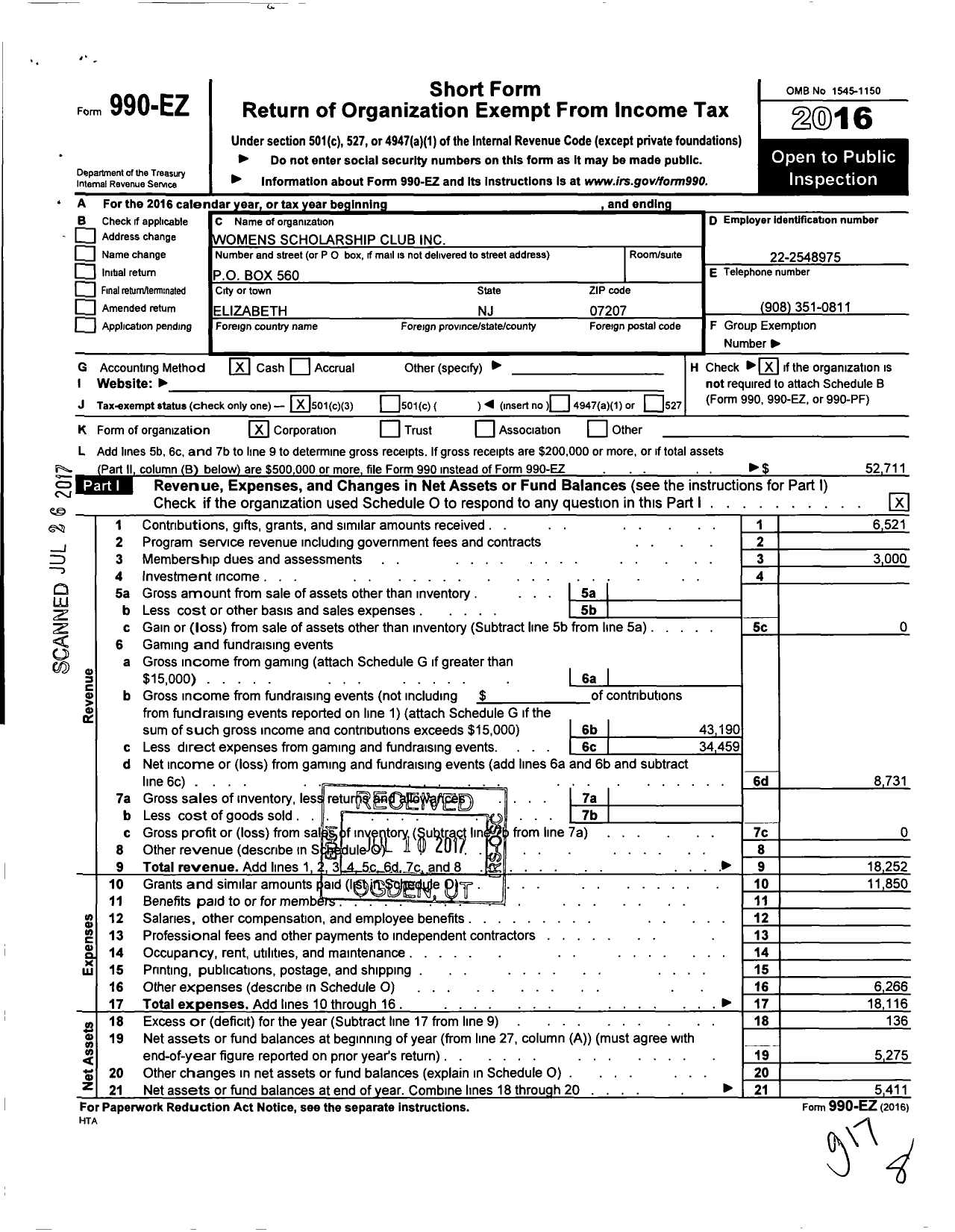 Image of first page of 2016 Form 990EZ for Womens Scholarship Club