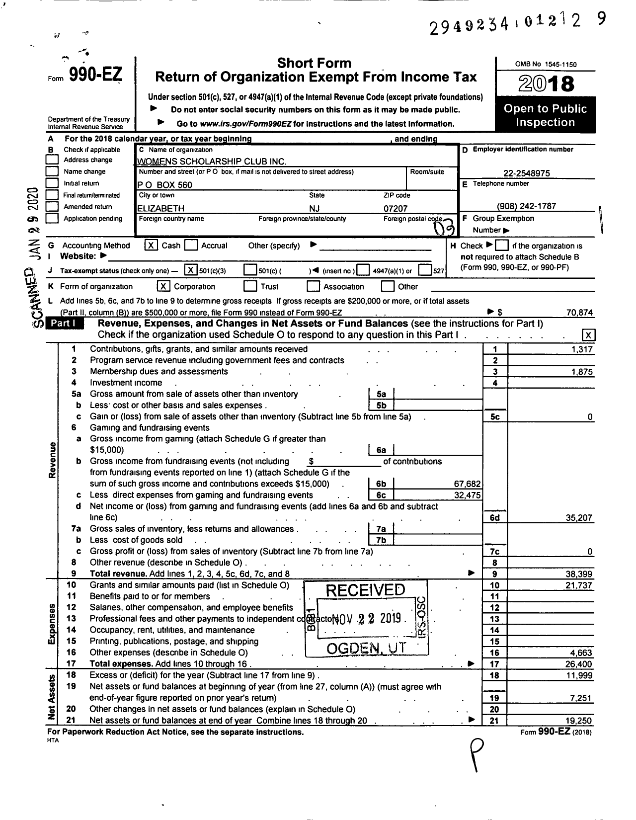 Image of first page of 2018 Form 990EZ for Womens Scholarship Club