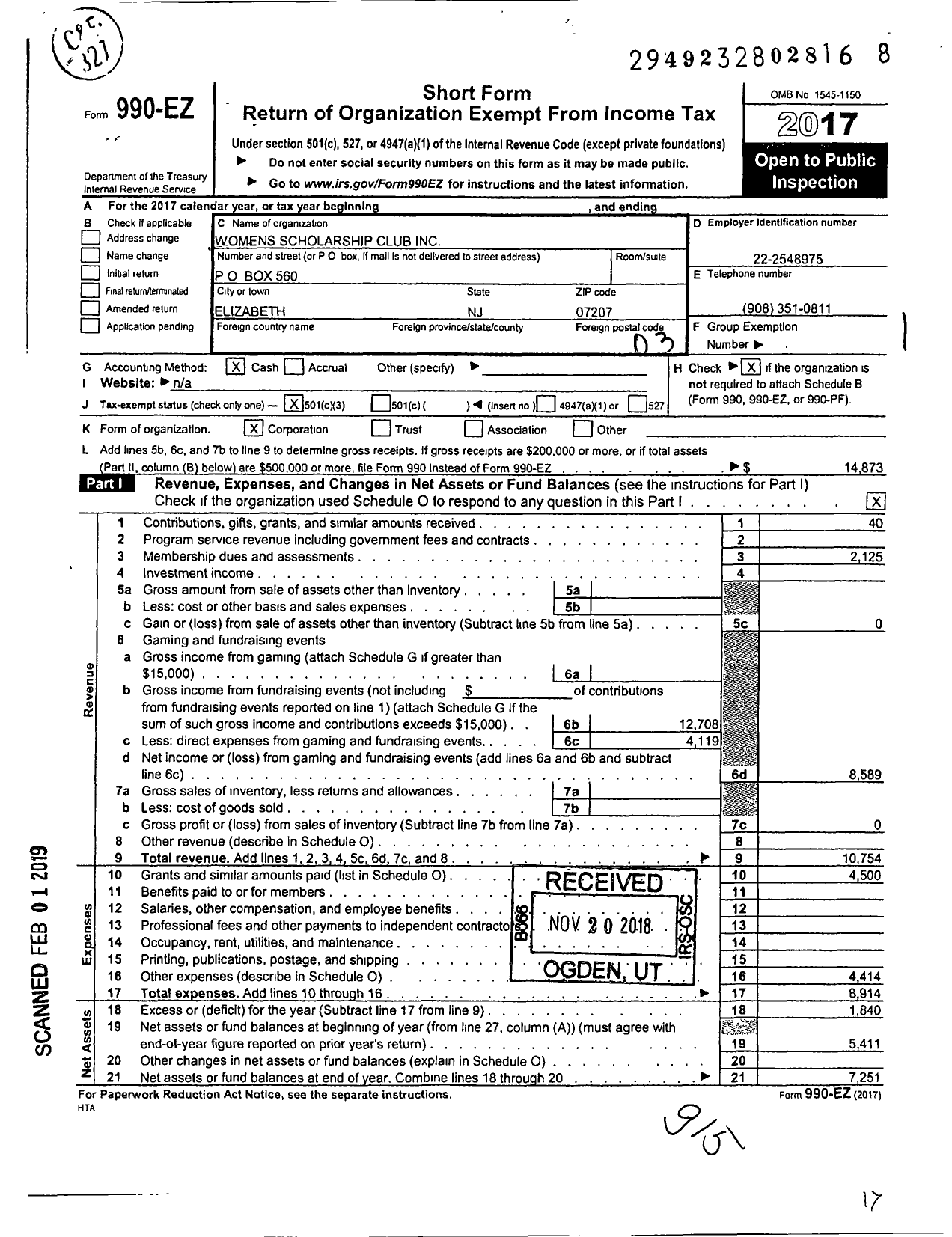 Image of first page of 2017 Form 990EZ for Womens Scholarship Club