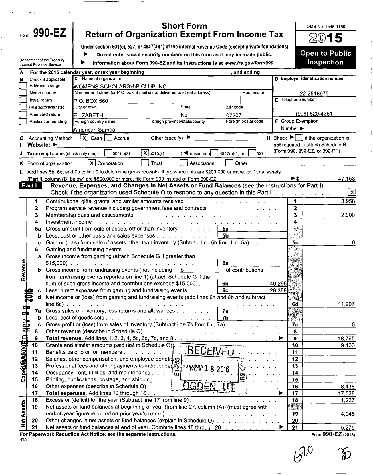 Image of first page of 2015 Form 990EO for Womens Scholarship Club