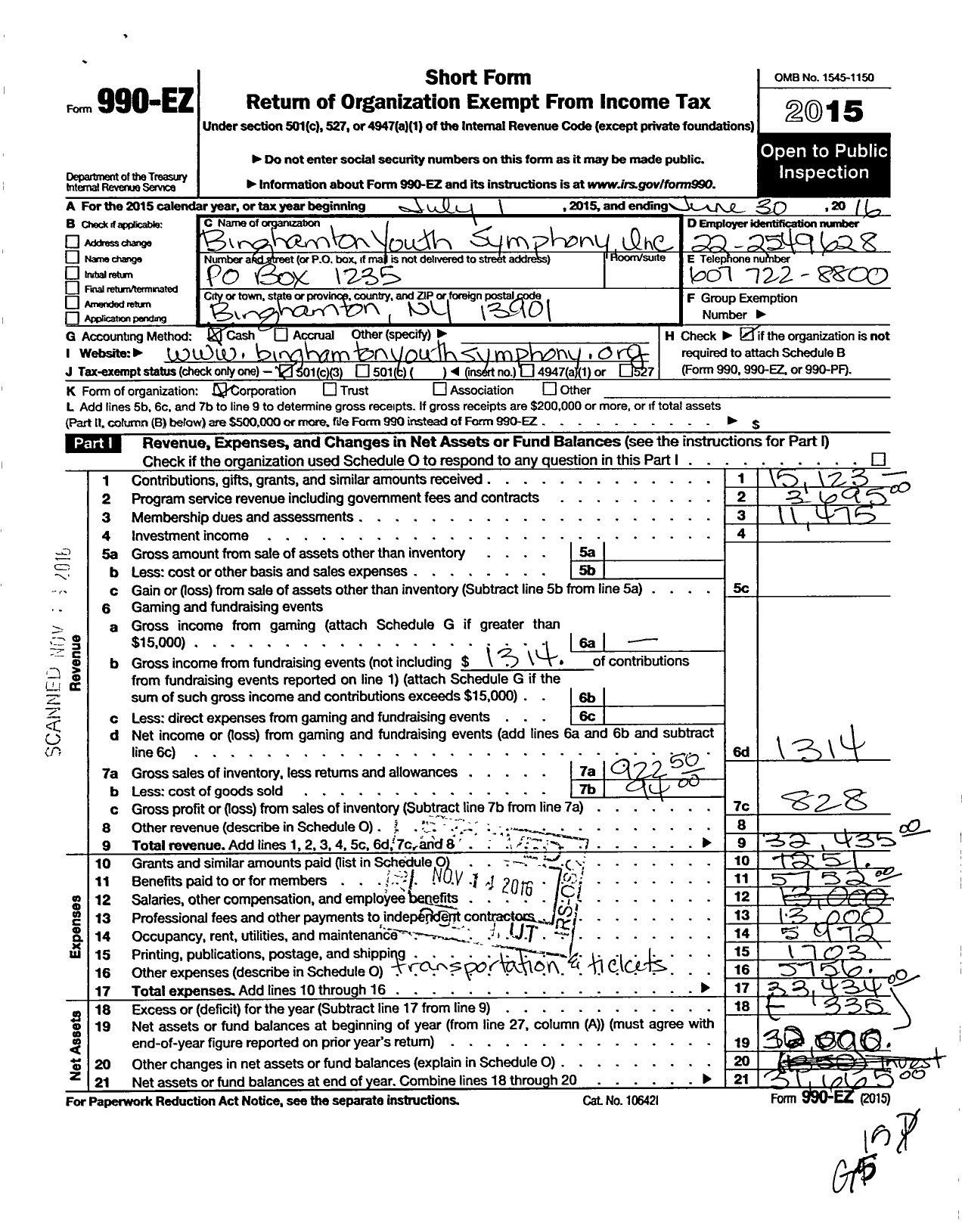 Image of first page of 2015 Form 990EZ for The Binghamton Youth Symphony