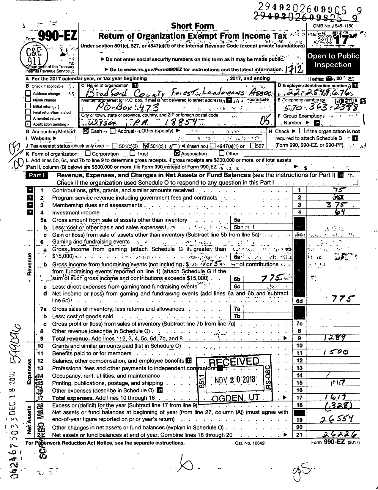 Image of first page of 2017 Form 990EO for Bradford County Forest Landowners Association