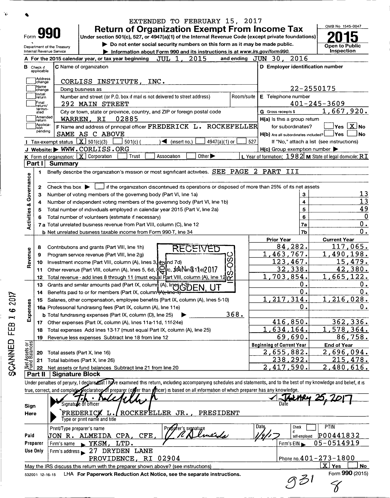 Image of first page of 2015 Form 990 for Corliss Institute