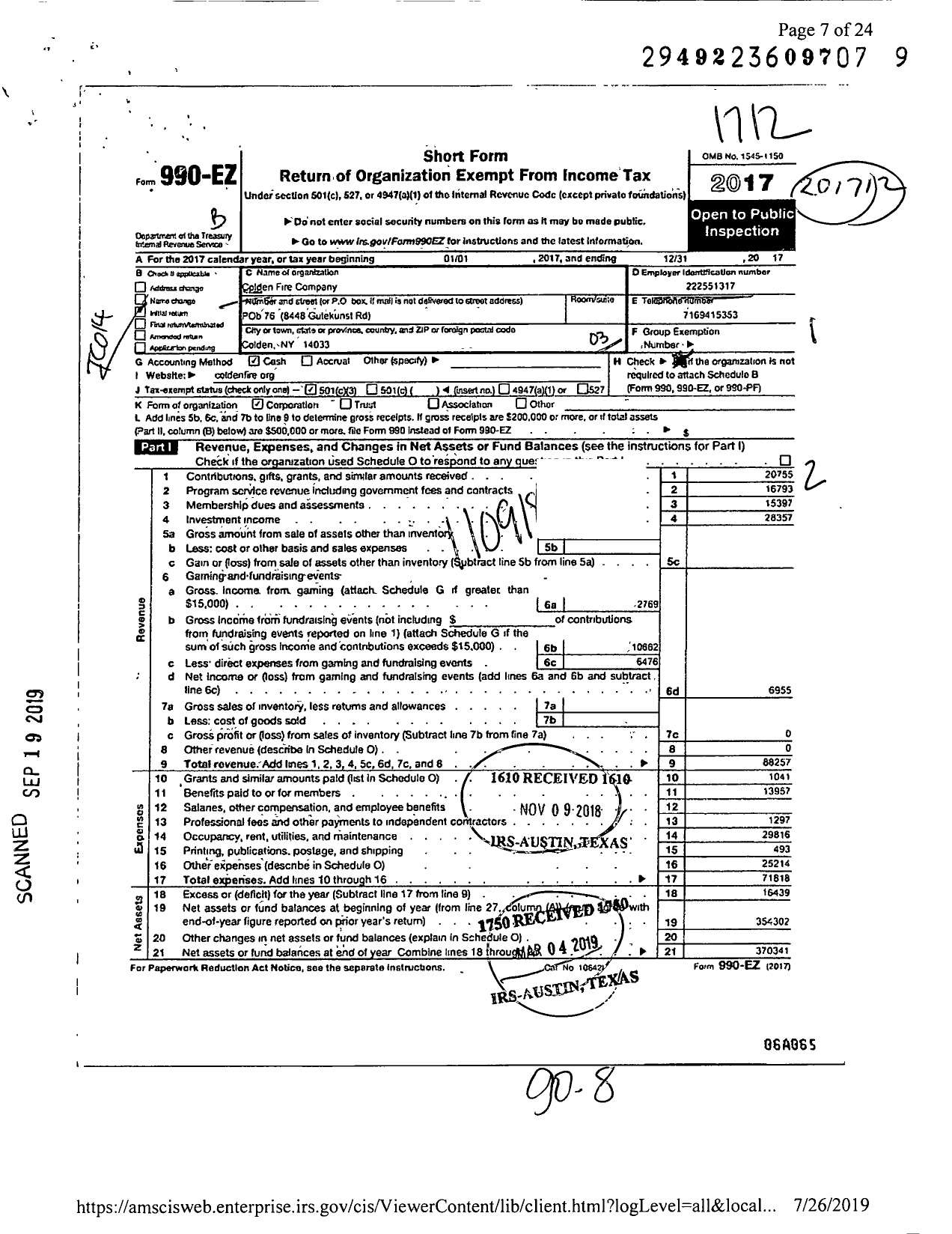 Image of first page of 2017 Form 990EZ for Colden Fire Company