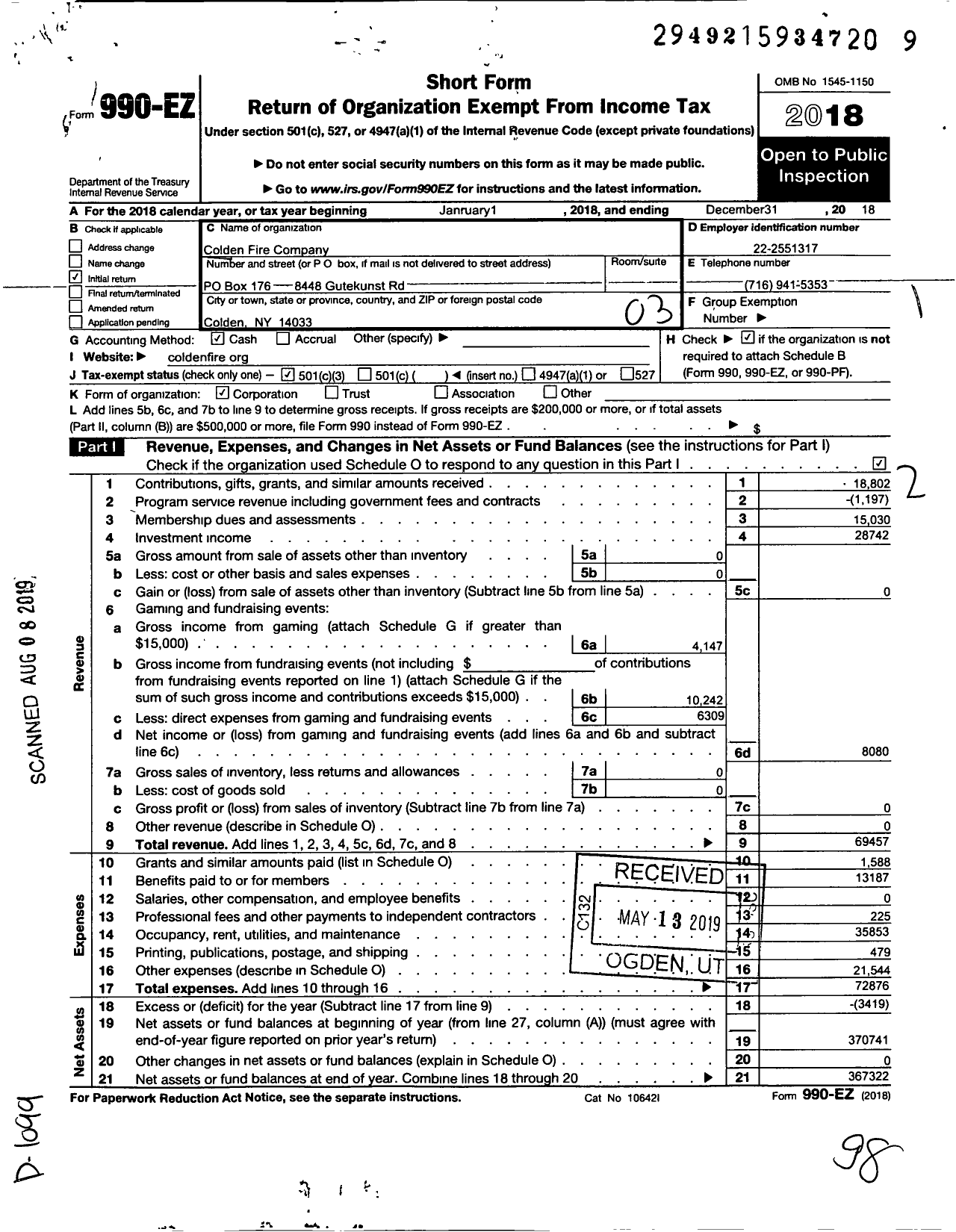 Image of first page of 2018 Form 990EZ for Colden Fire Company