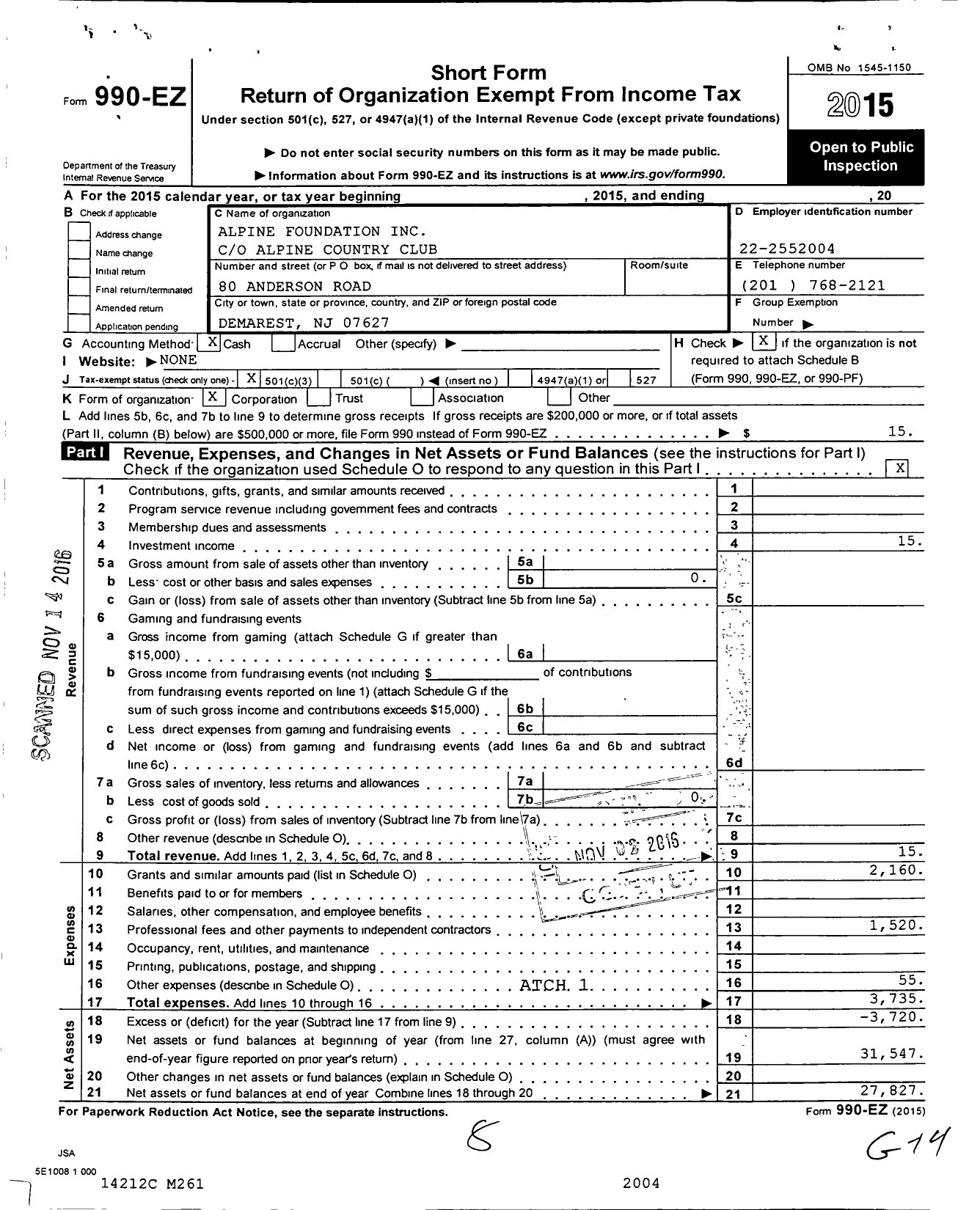 Image of first page of 2015 Form 990EZ for Alpine Foundation