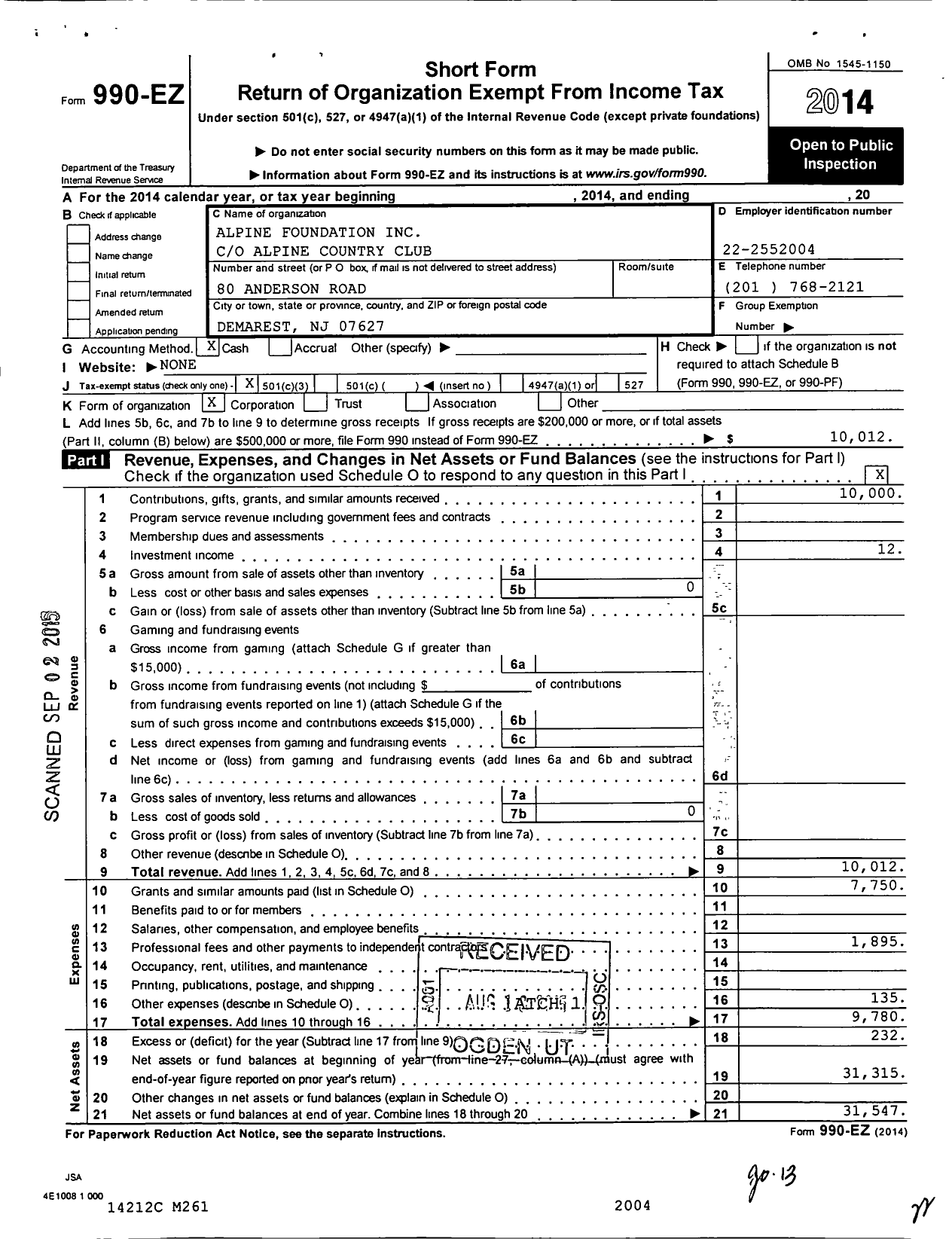 Image of first page of 2014 Form 990EZ for Alpine Foundation
