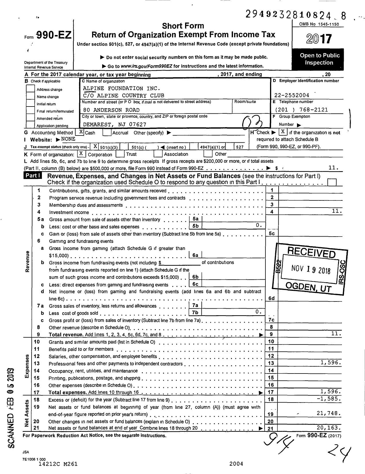 Image of first page of 2017 Form 990EZ for Alpine Foundation