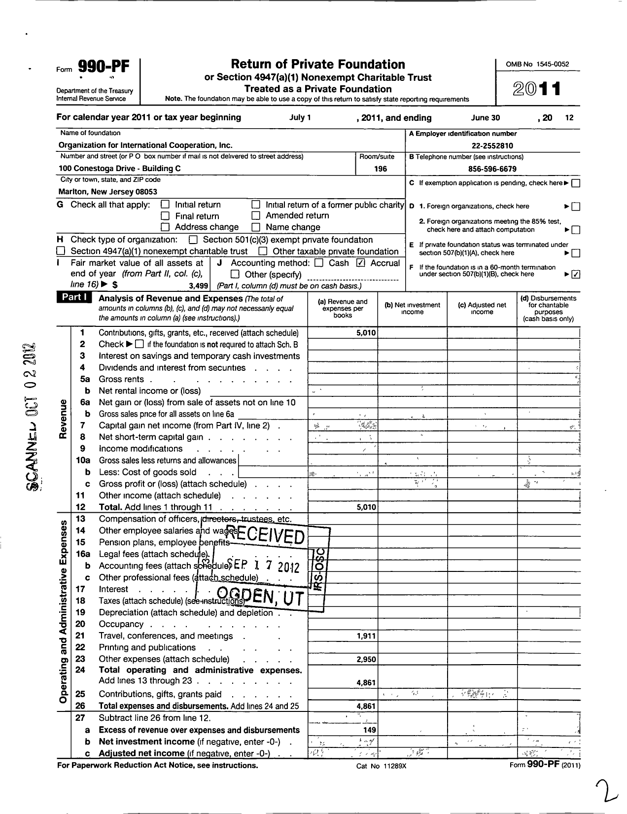 Image of first page of 2011 Form 990PF for Organization for International Cooperation