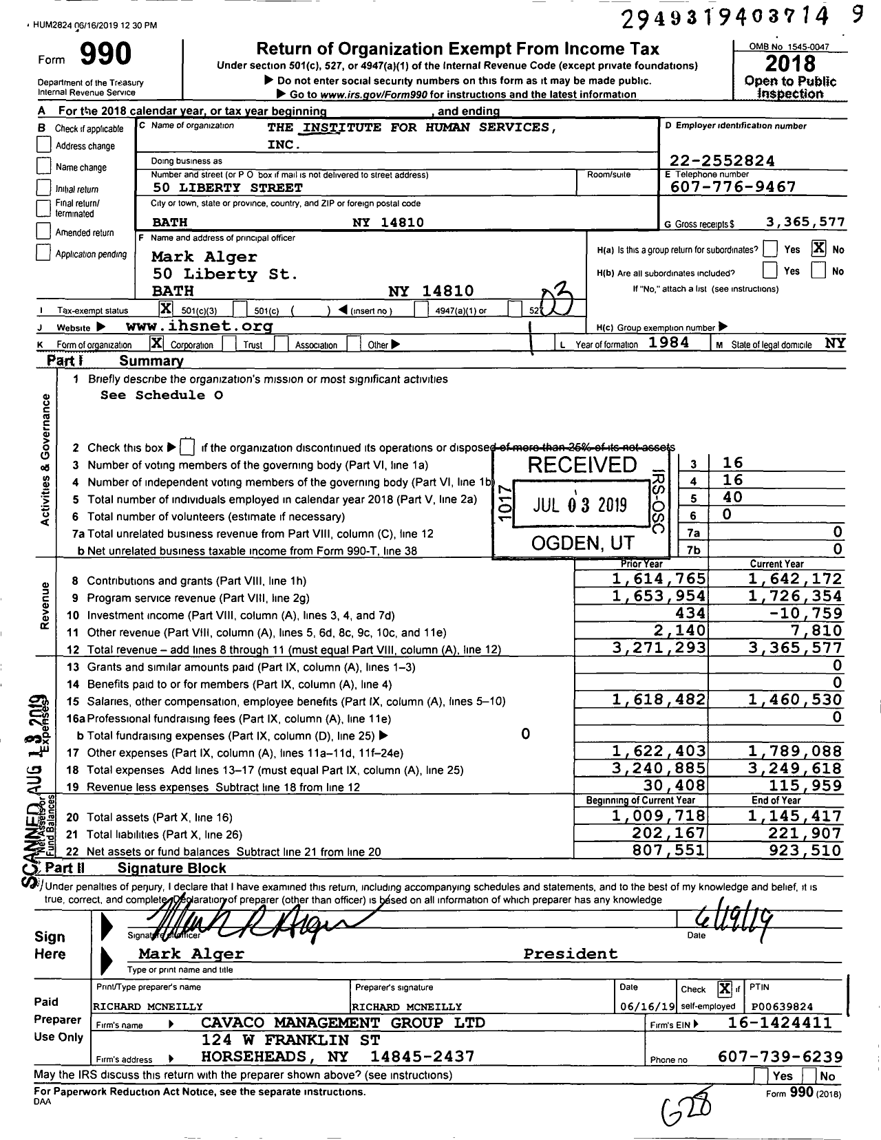 Image of first page of 2018 Form 990 for Institute for Human Services (IHS)