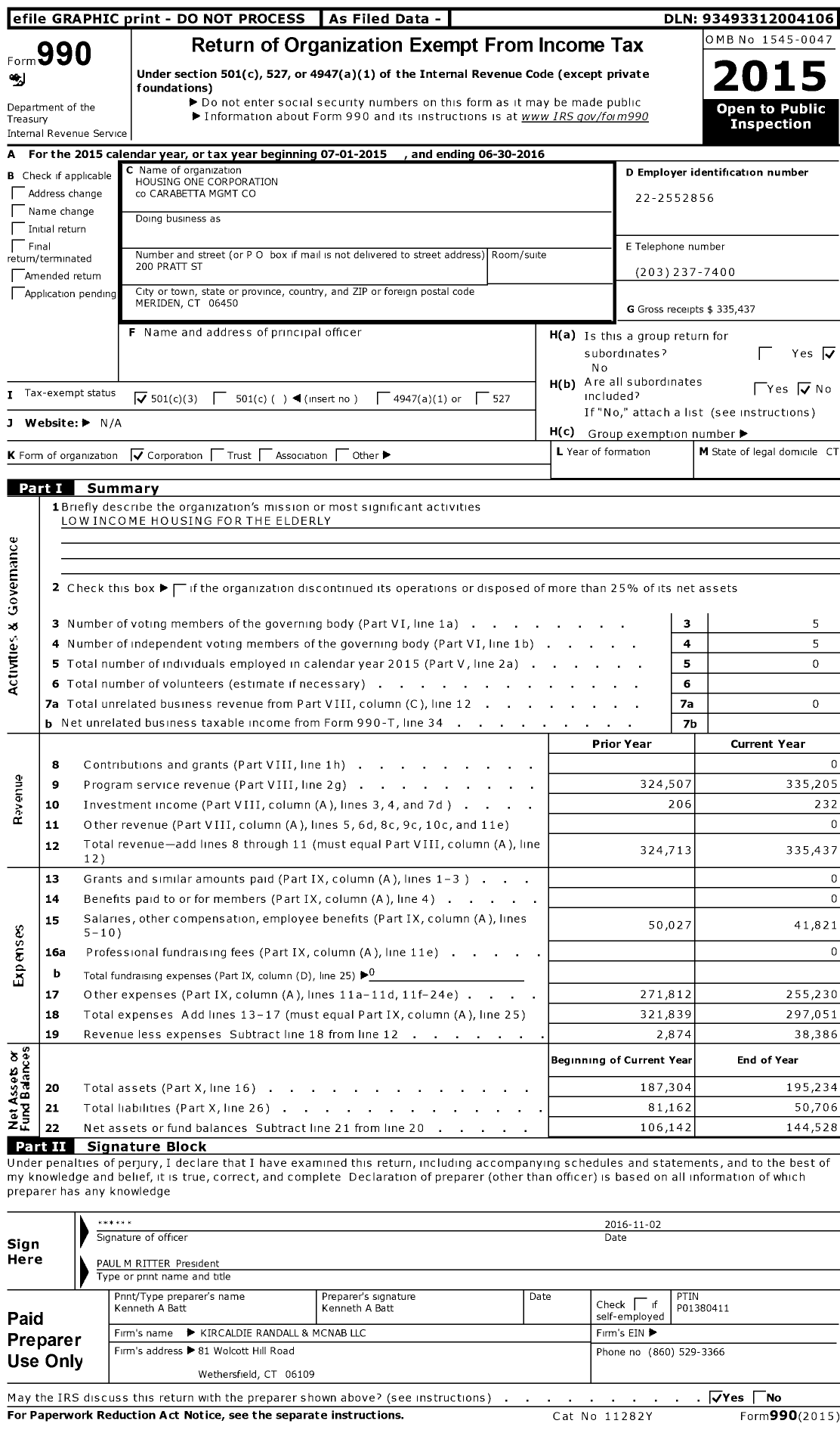 Image of first page of 2015 Form 990 for Housing One Corporation