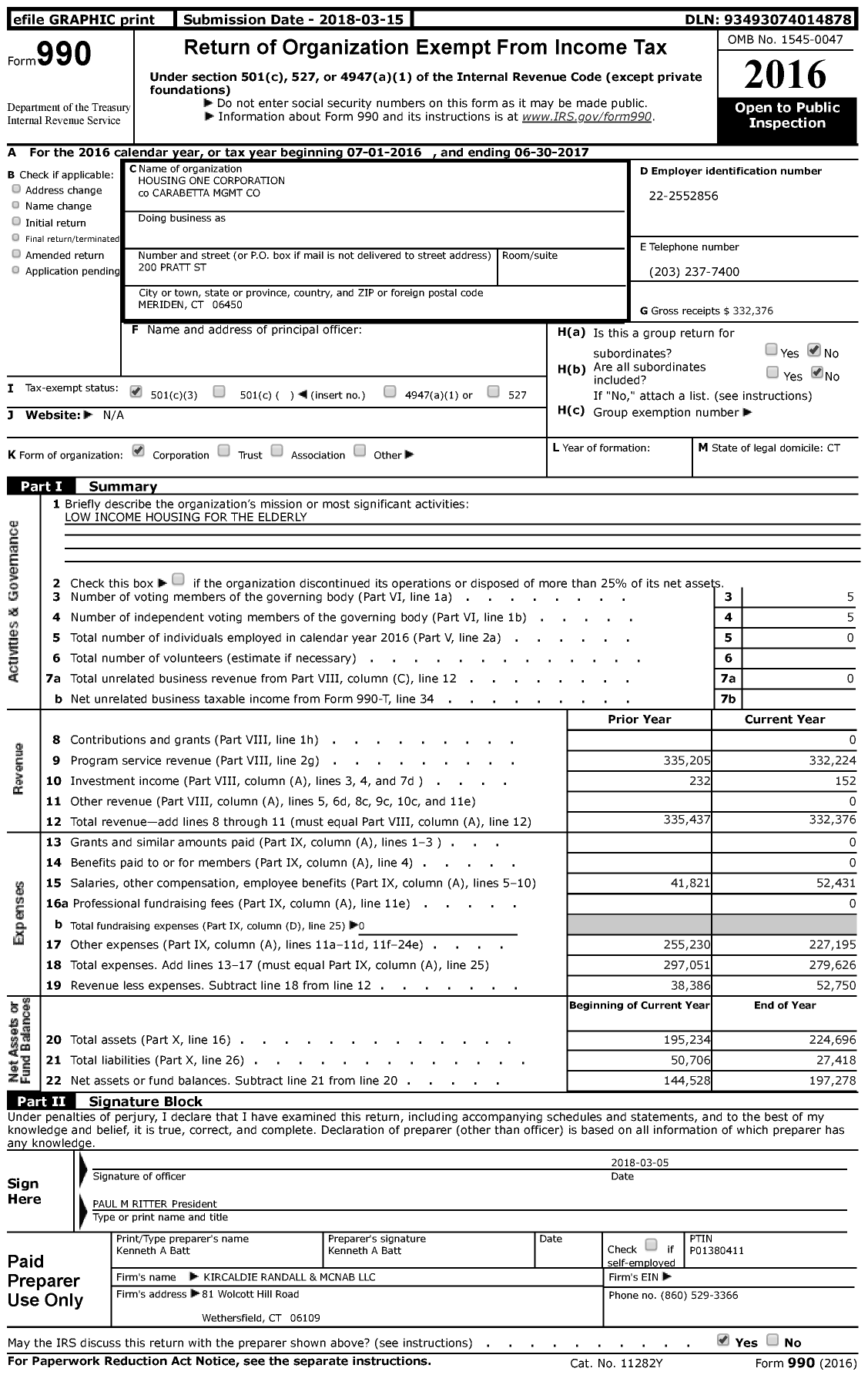 Image of first page of 2016 Form 990 for Housing One Corporation