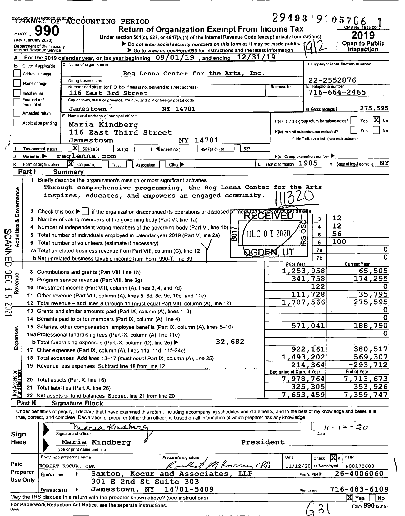 Image of first page of 2019 Form 990 for Reg Lenna Center for the Arts