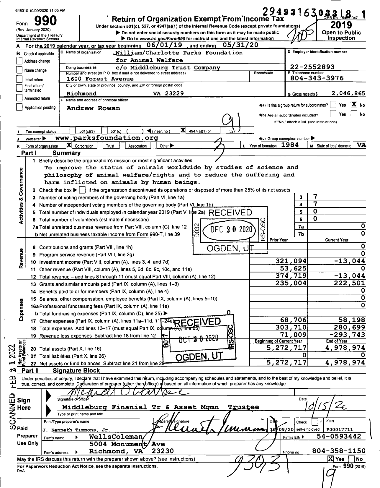 Image of first page of 2019 Form 990O for The William and Charlotte Parks