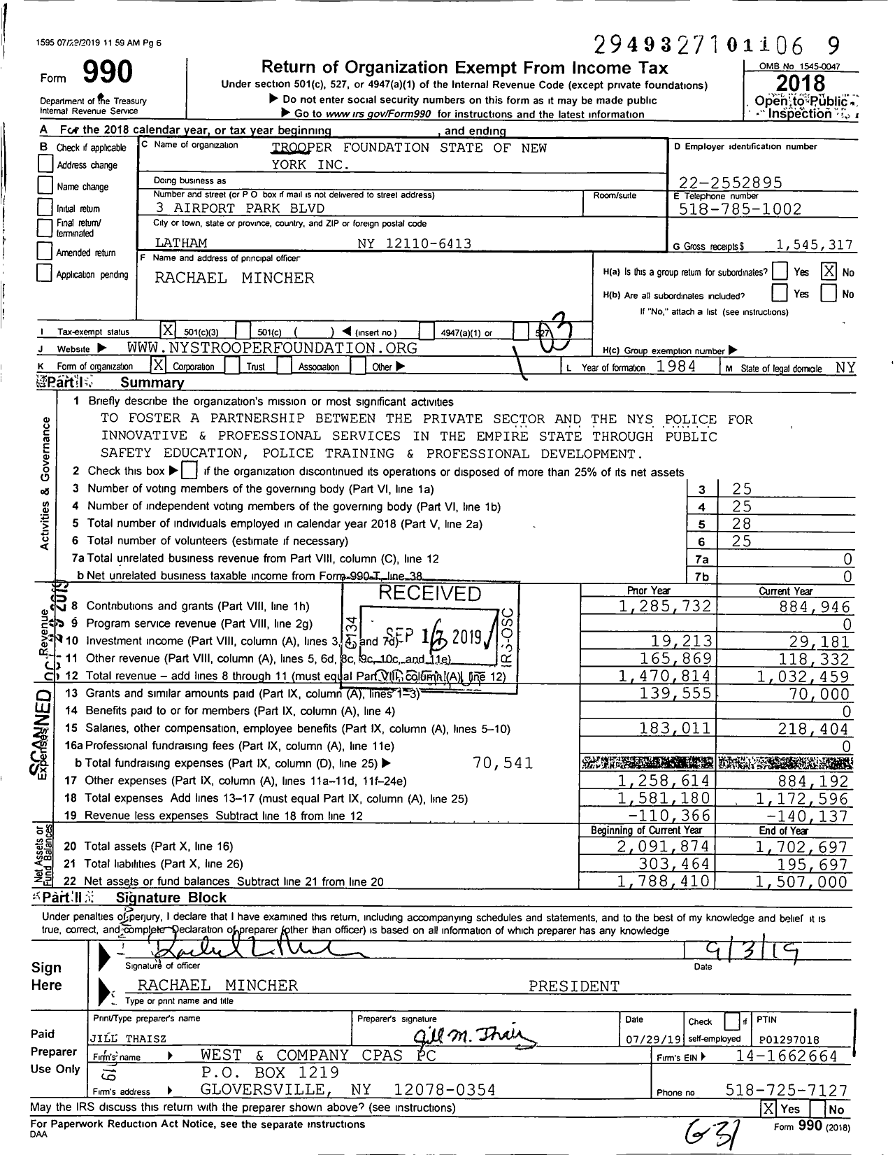 Image of first page of 2018 Form 990 for Trooper Foundation State of New York