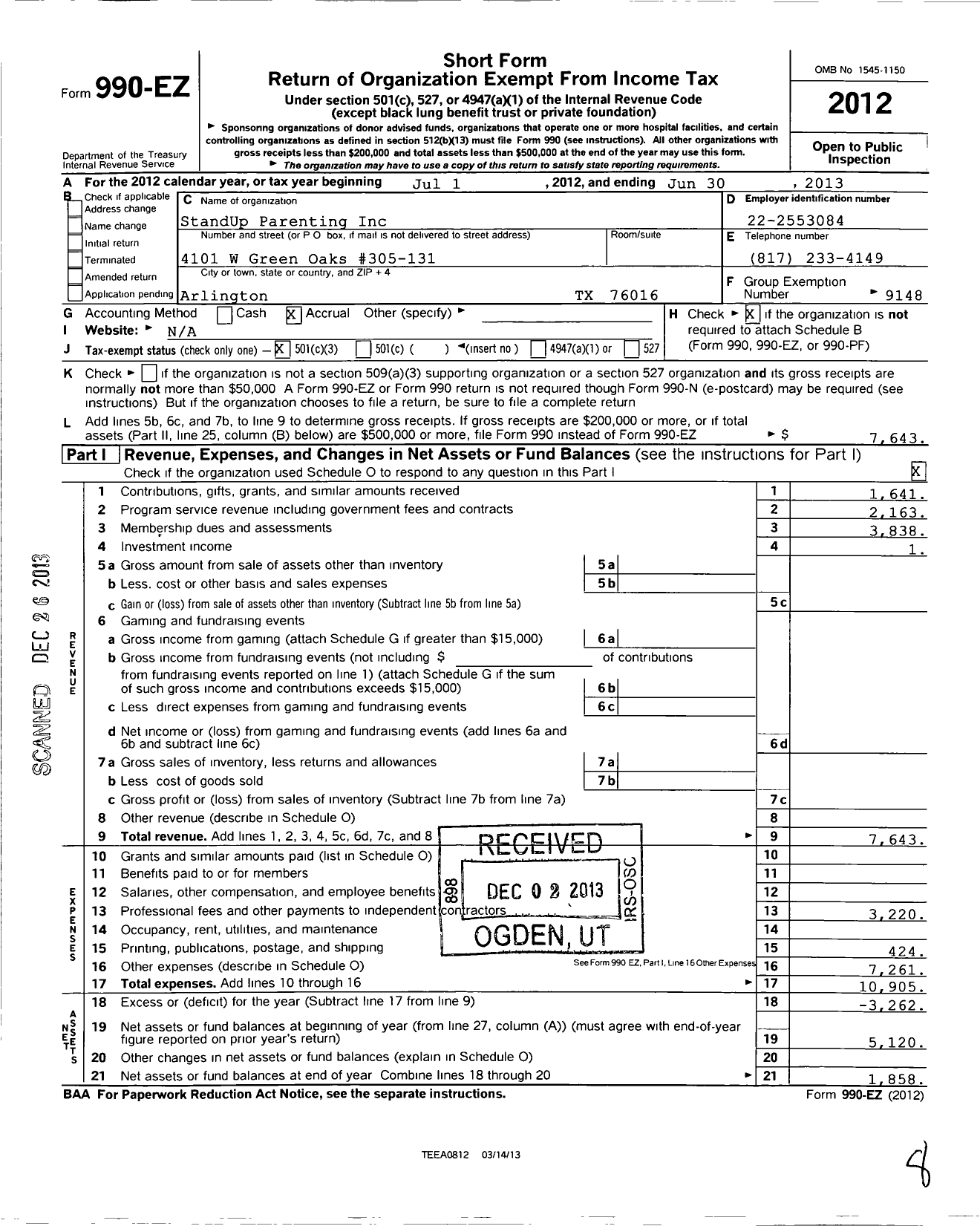 Image of first page of 2012 Form 990EZ for Standup Parenting